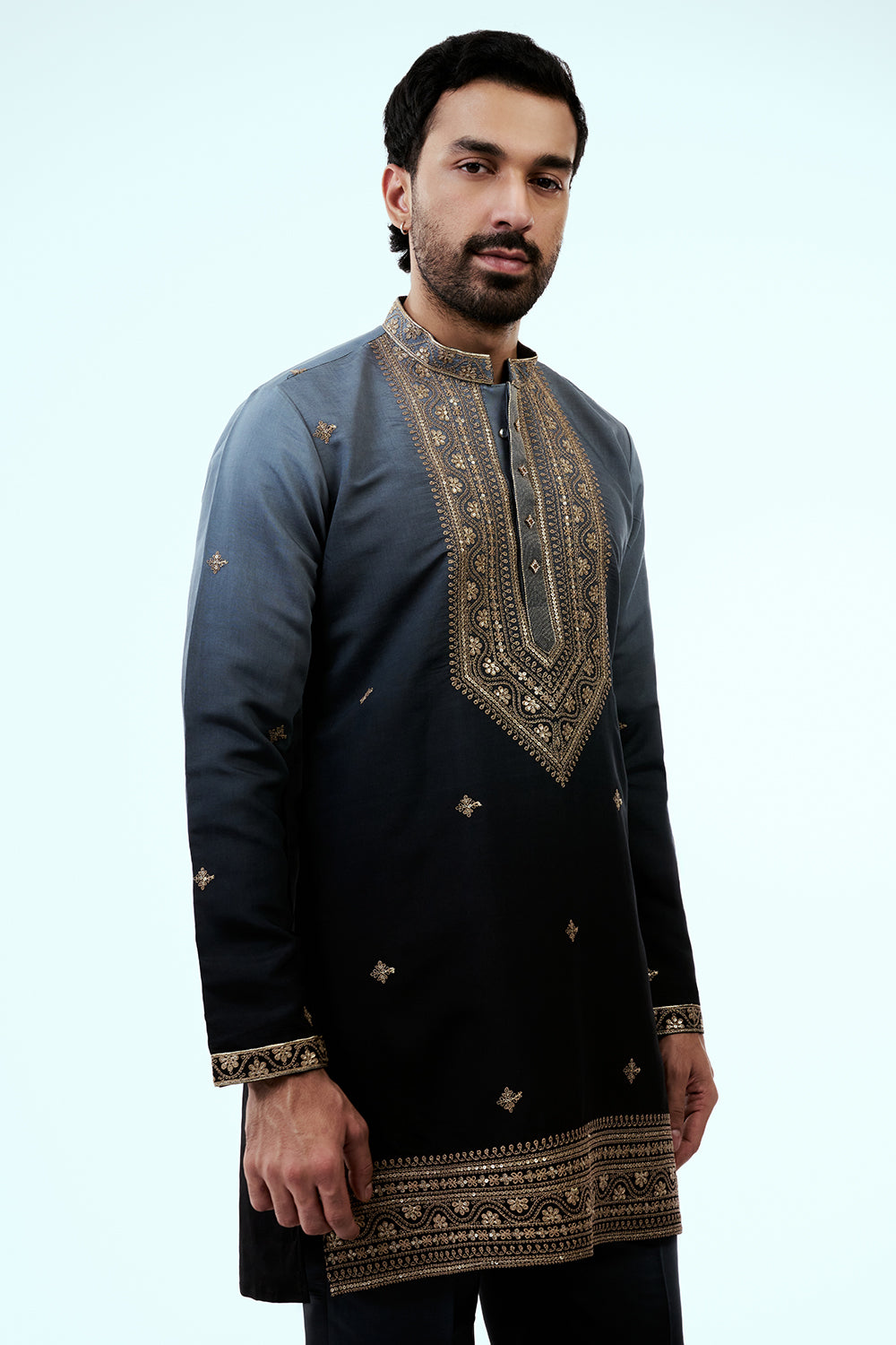 Midnight Blue Ombre Nokia Silk Mens Kurta Set with Zardosi and Sequin Work