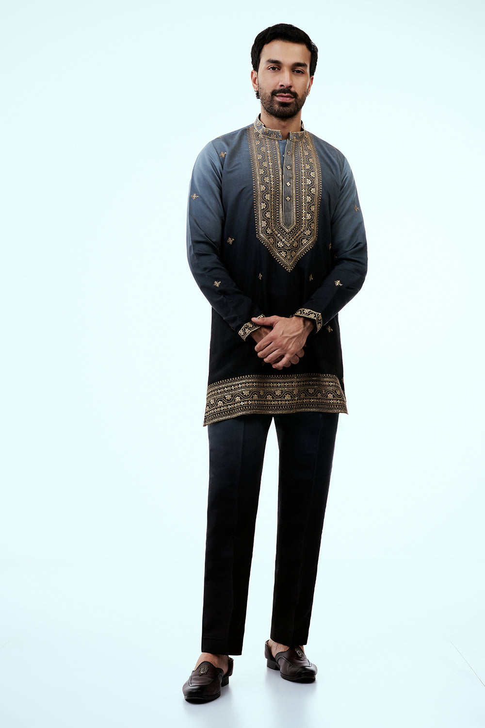 Midnight Blue Ombre Nokia Silk Mens Kurta Set with Zardosi and Sequin Work