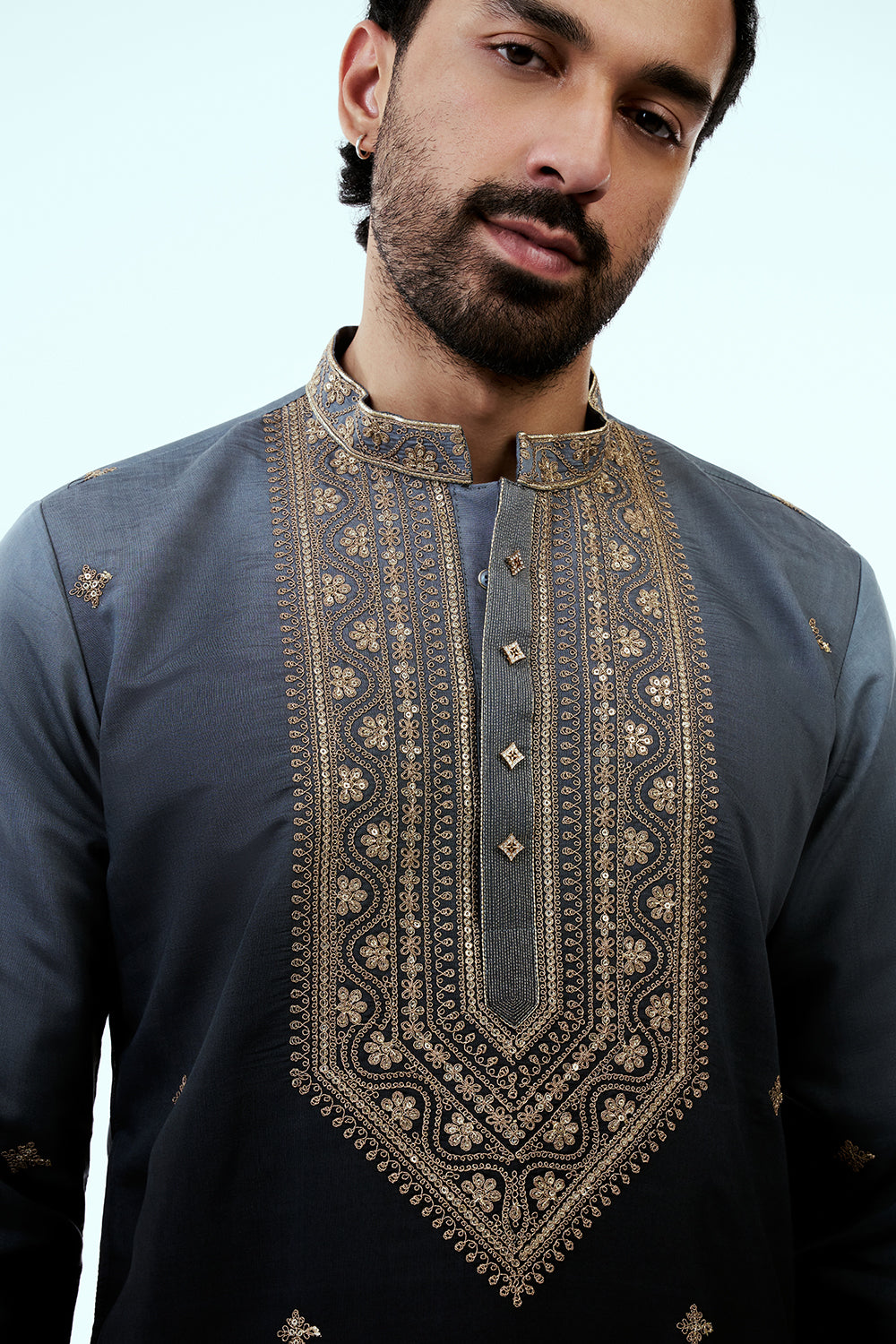 Midnight Blue Ombre Nokia Silk Mens Kurta Set with Zardosi and Sequin Work