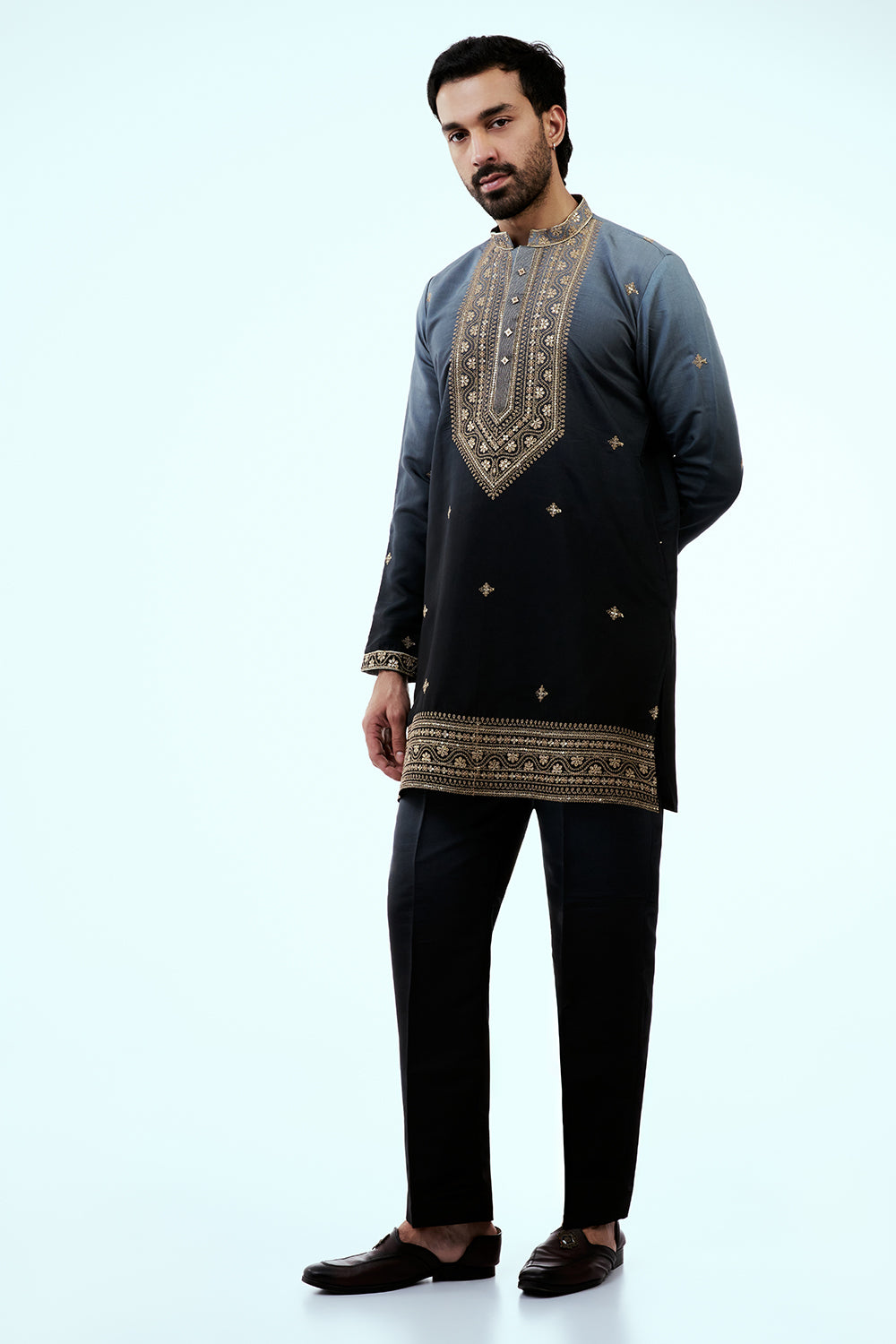 Midnight Blue Ombre Nokia Silk Mens Kurta Set with Zardosi and Sequin Work