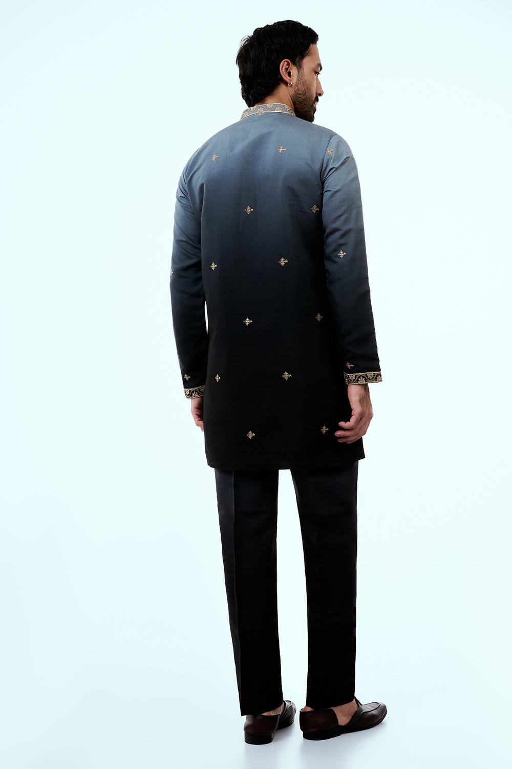 Midnight Blue Ombre Nokia Silk Mens Kurta Set with Zardosi and Sequin Work