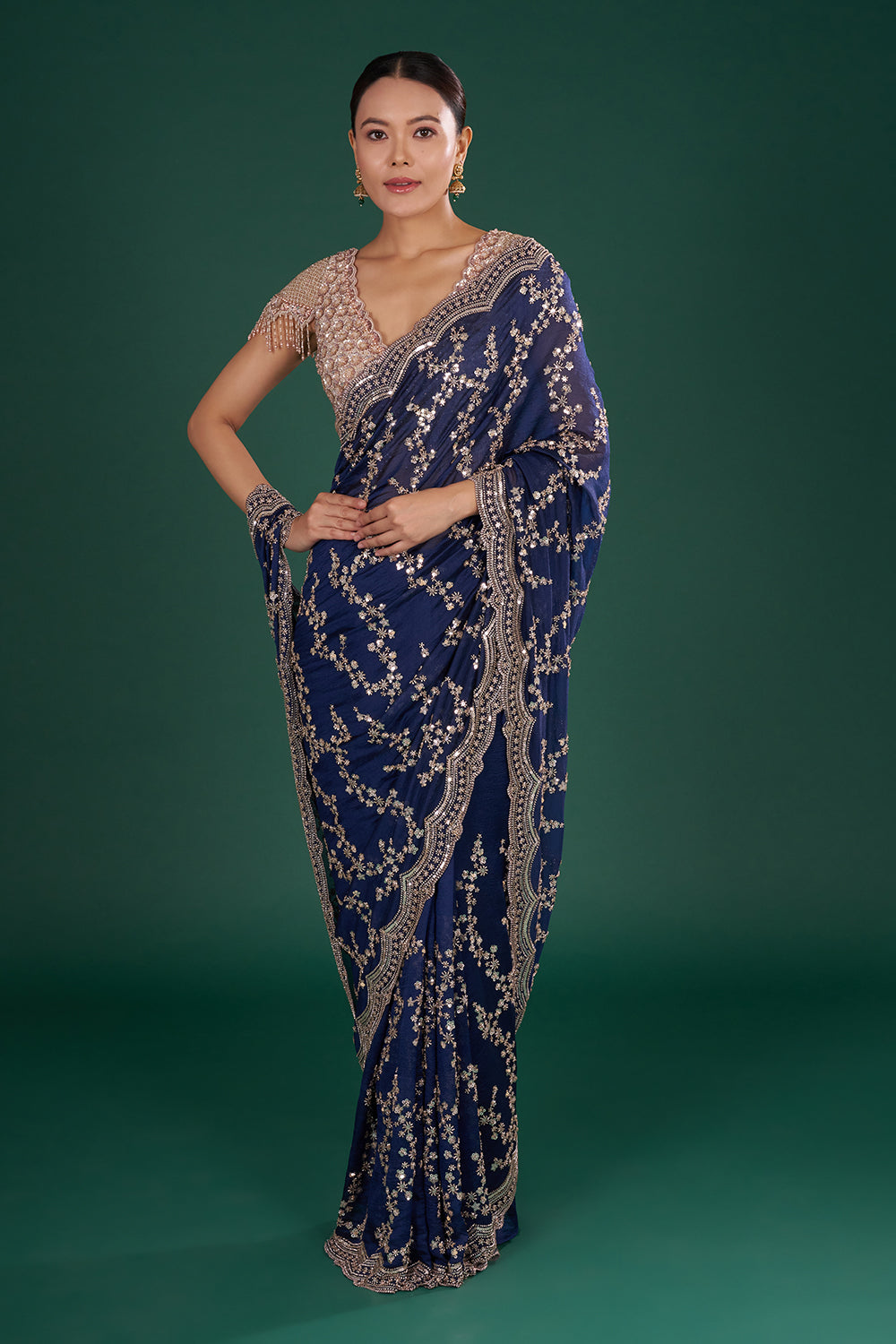Midnight Blue Organza Saree with Sequins and Unstitched Blouse