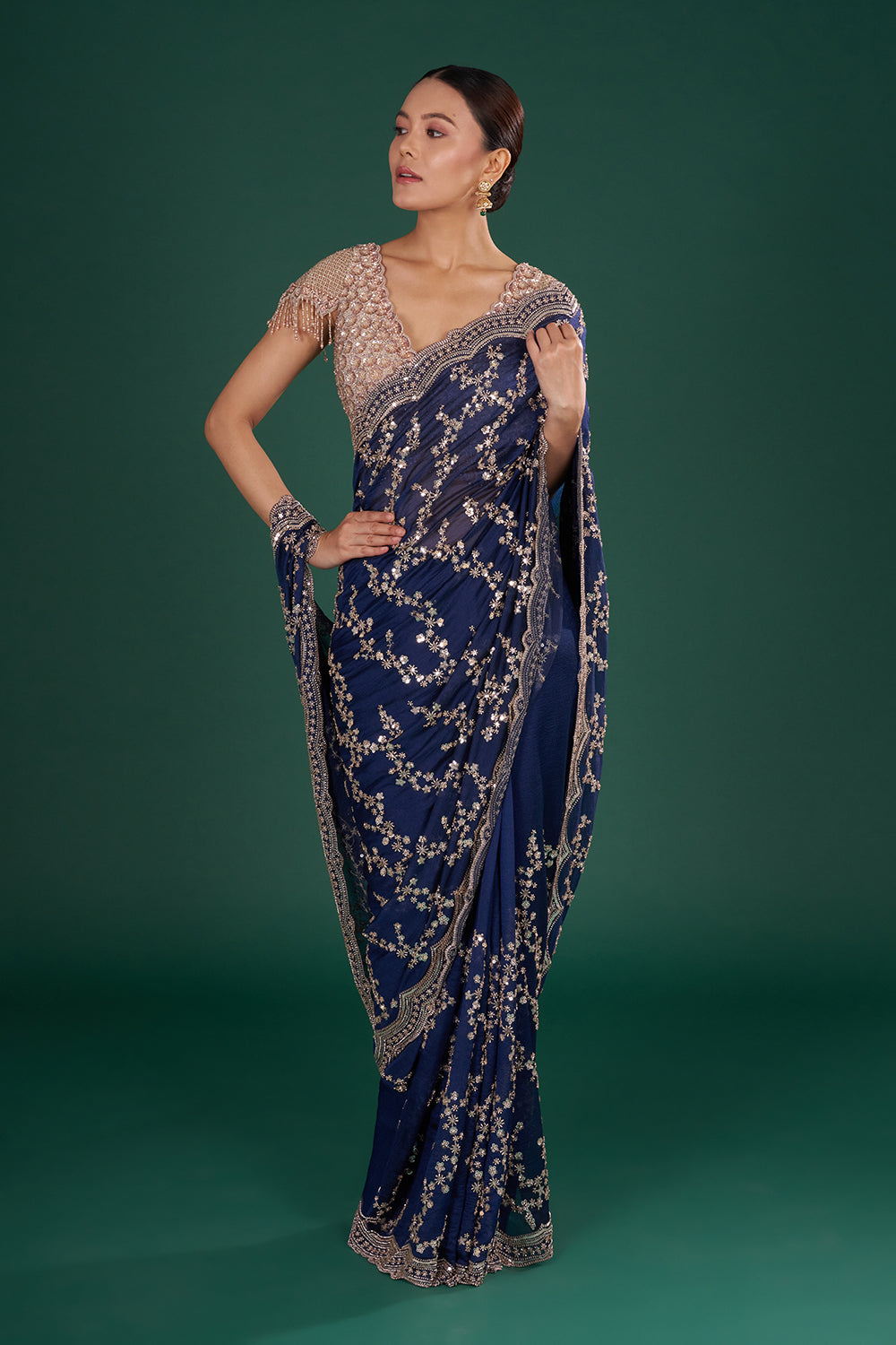 Midnight Blue Organza Saree with Sequins and Unstitched Blouse