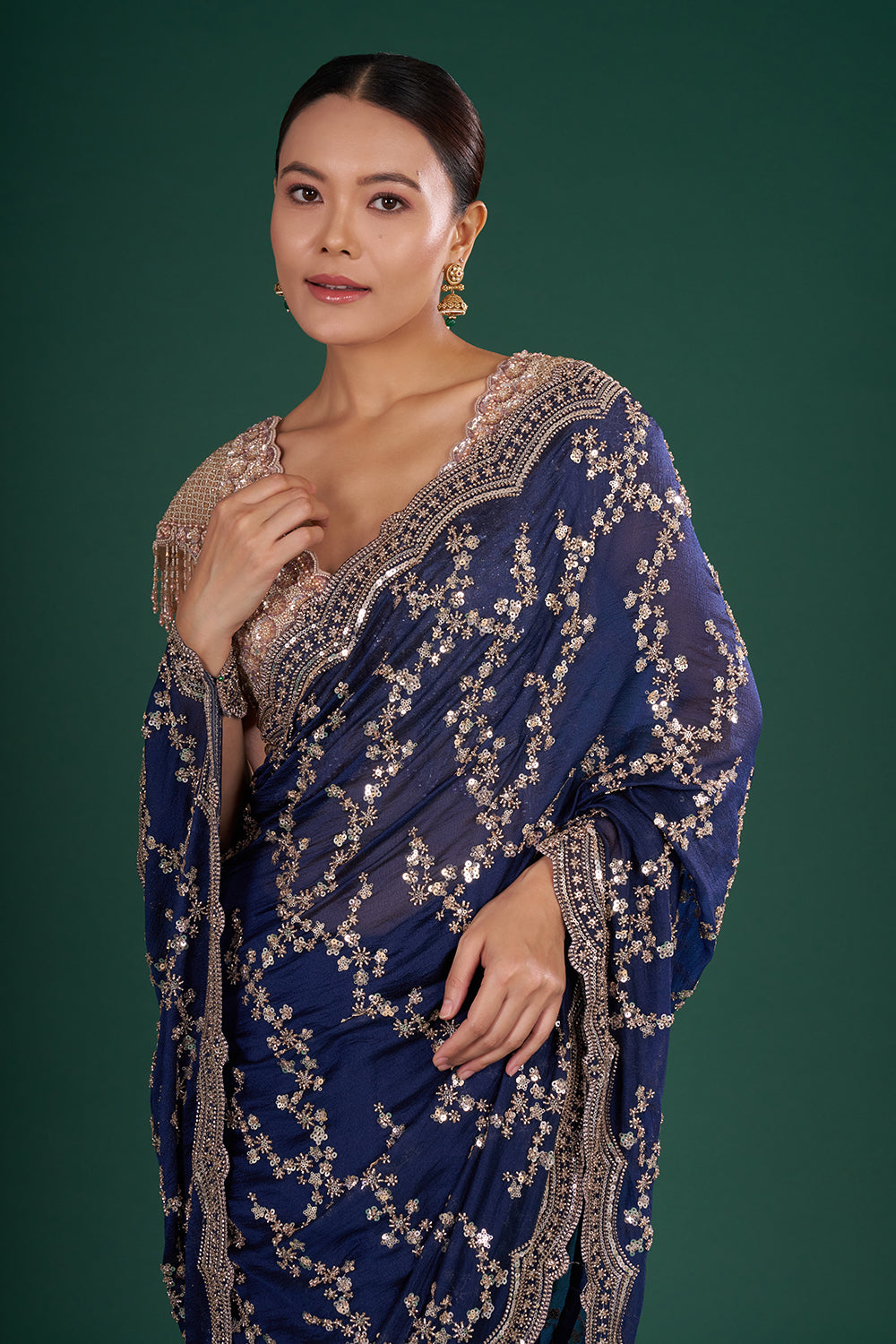 Midnight Blue Organza Saree with Sequins and Unstitched Blouse