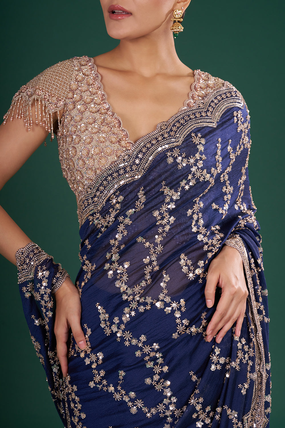 Midnight Blue Organza Saree with Sequins and Unstitched Blouse