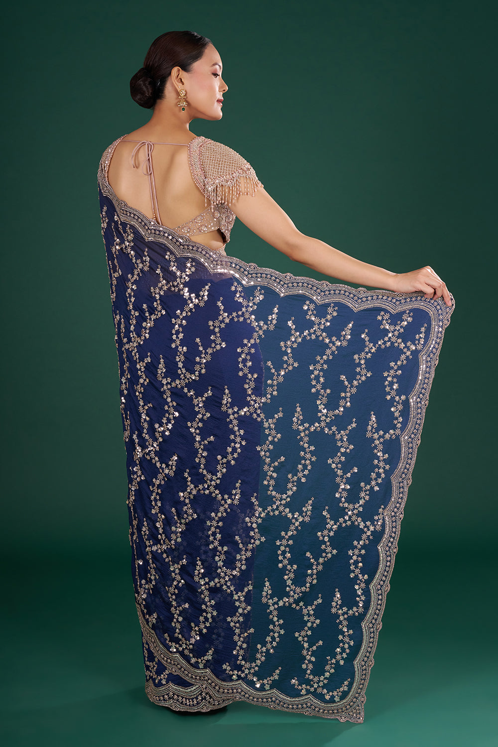 Midnight Blue Organza Saree with Sequins and Unstitched Blouse
