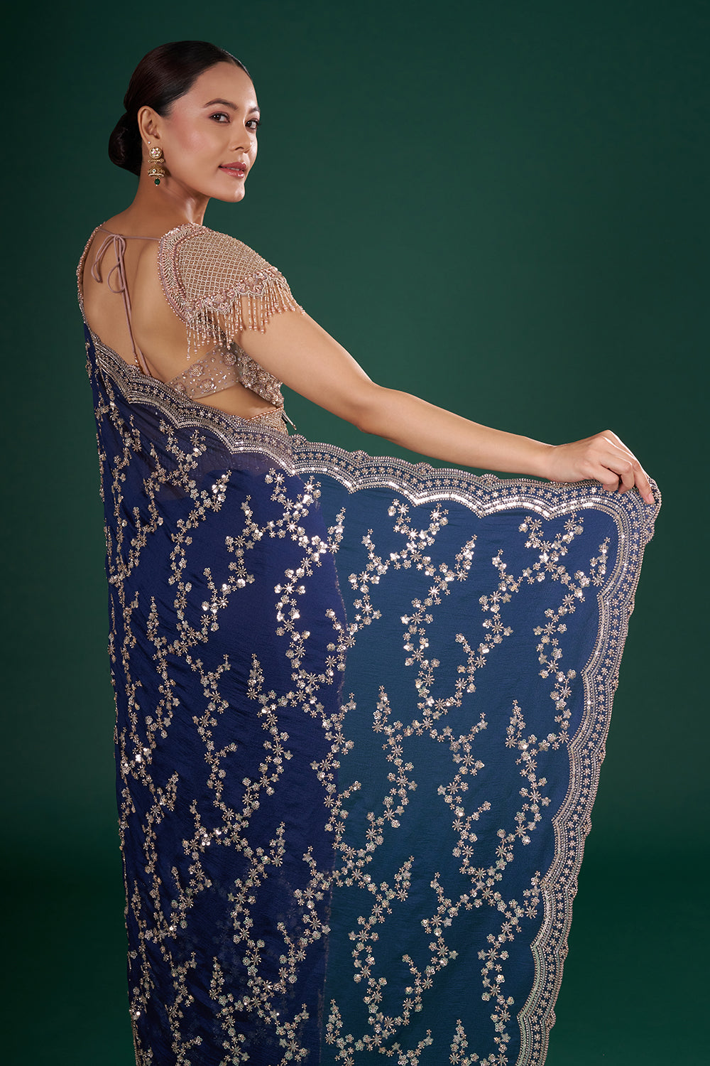 Midnight Blue Organza Saree with Sequins and Unstitched Blouse