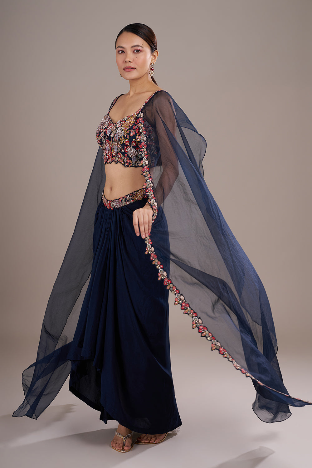 Midnight Blue Silk Draped Lehenga Set with Multicolor Work