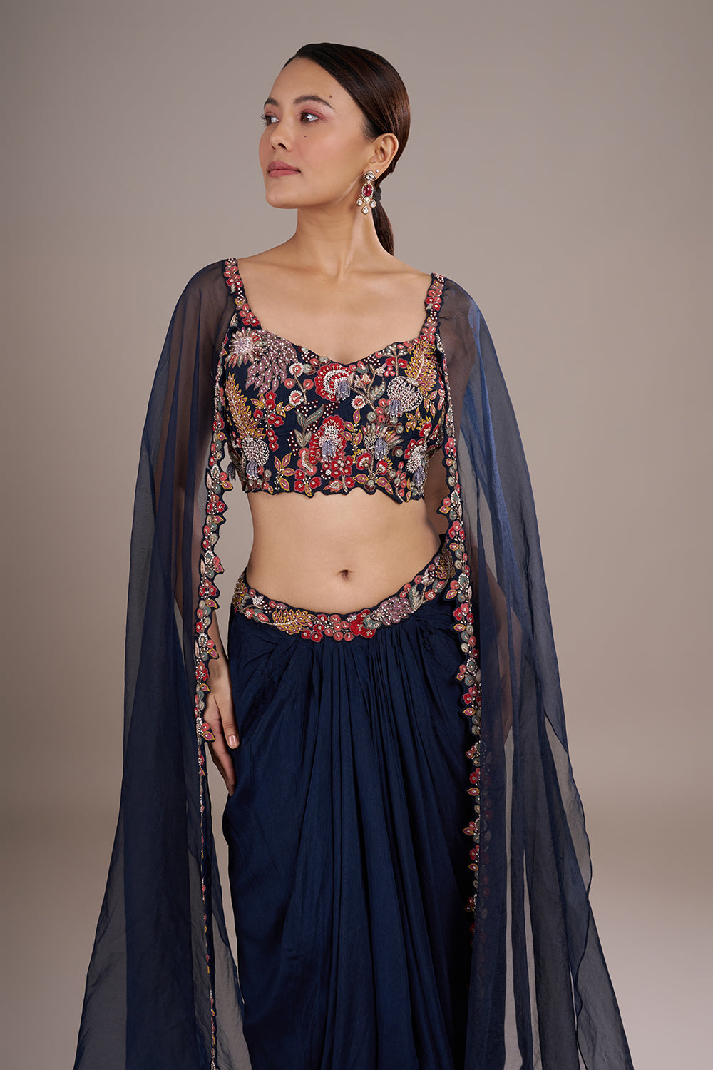 Midnight Blue Silk Draped Lehenga Set with Multicolor Work