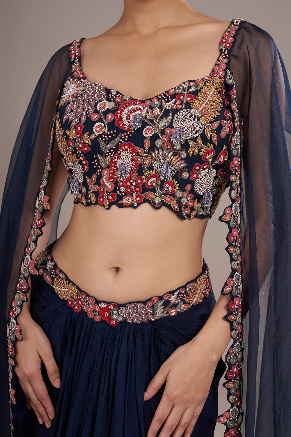 Midnight Blue Silk Draped Lehenga Set with Multicolor Work