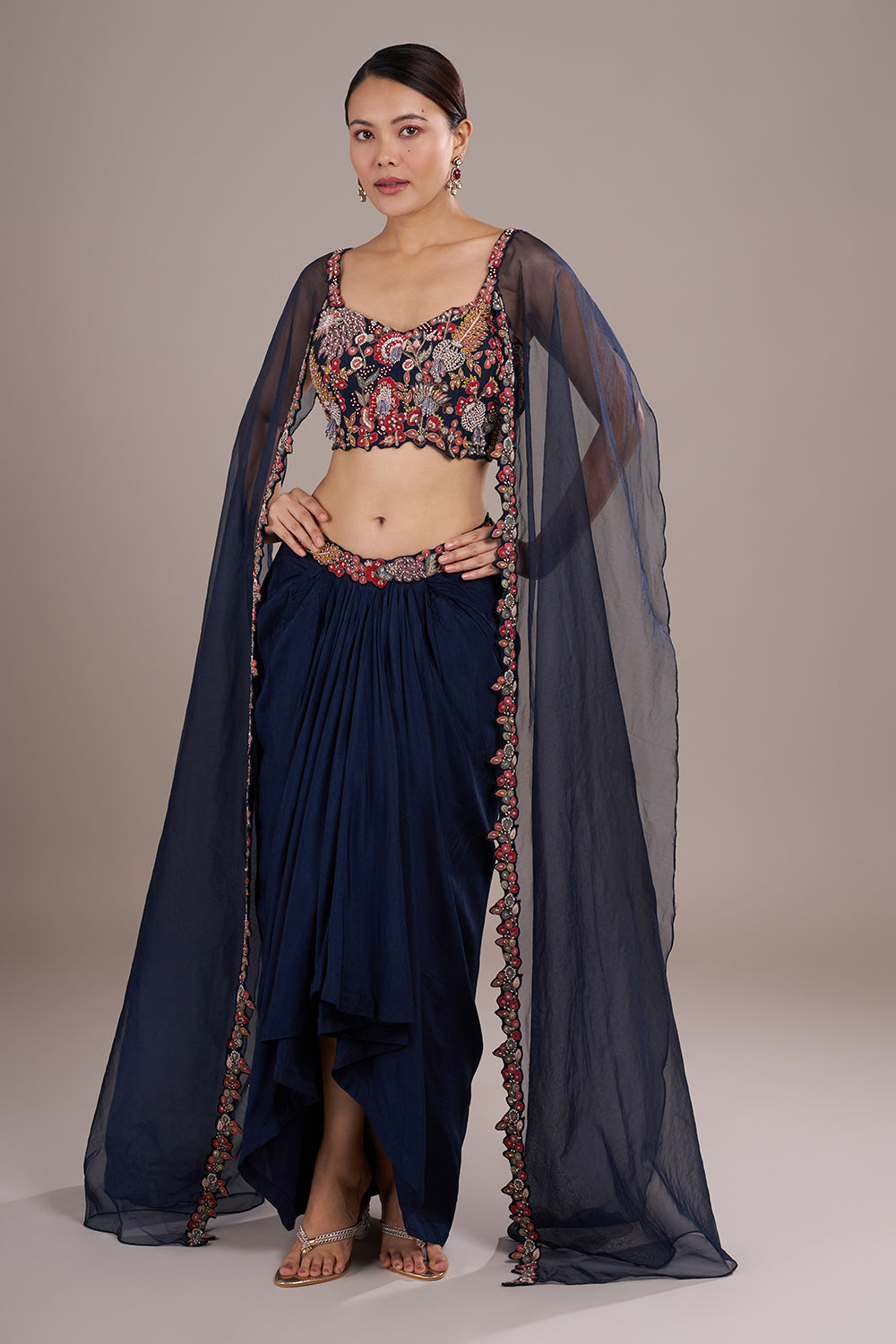 Midnight Blue Silk Draped Lehenga Set with Multicolor Work