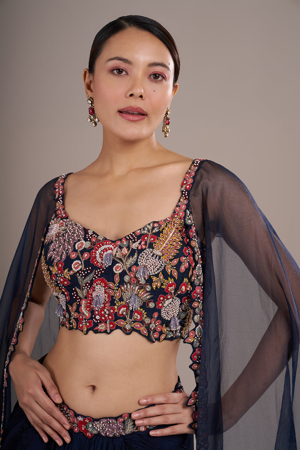 Midnight Blue Silk Draped Lehenga Set with Multicolor Work