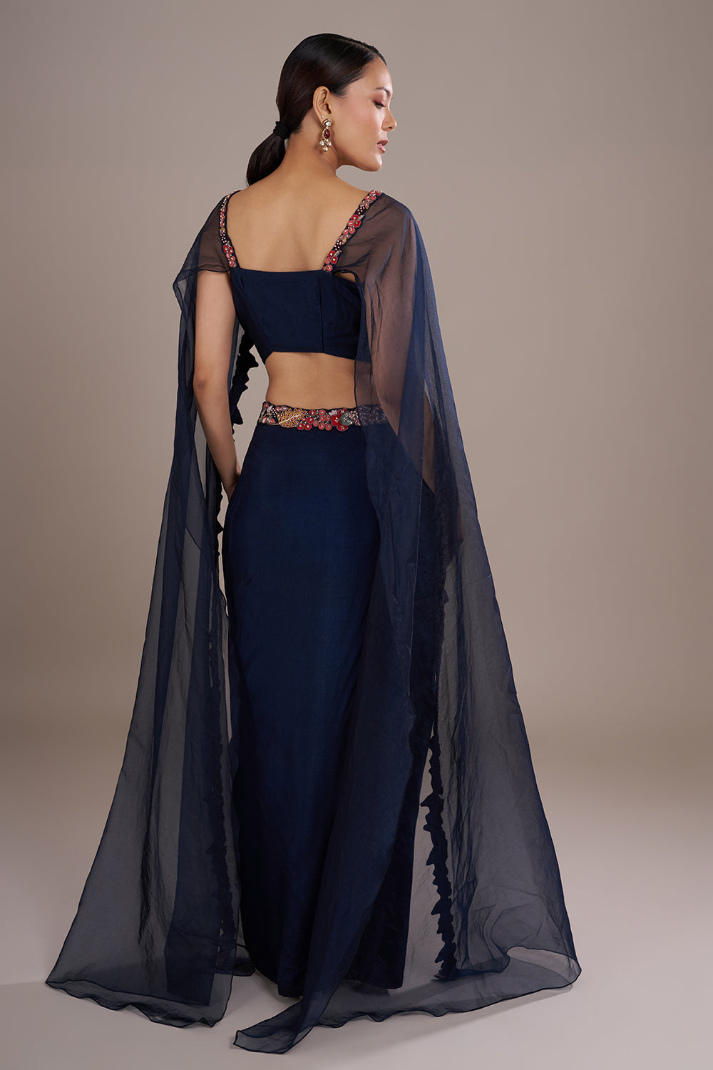 Midnight Blue Silk Draped Lehenga Set with Multicolor Work