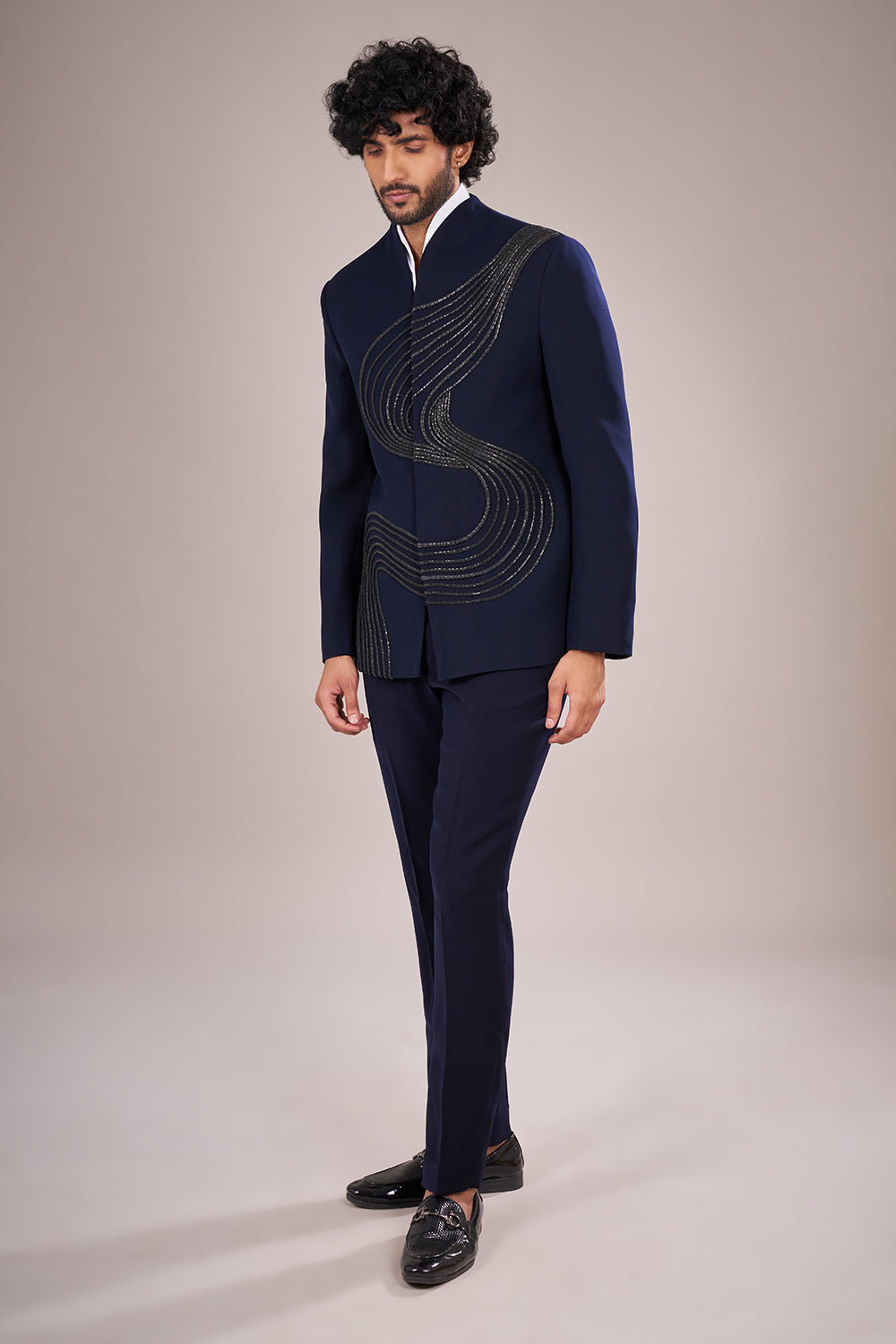Midnight Blue Silk Sculpted Embellished Suit