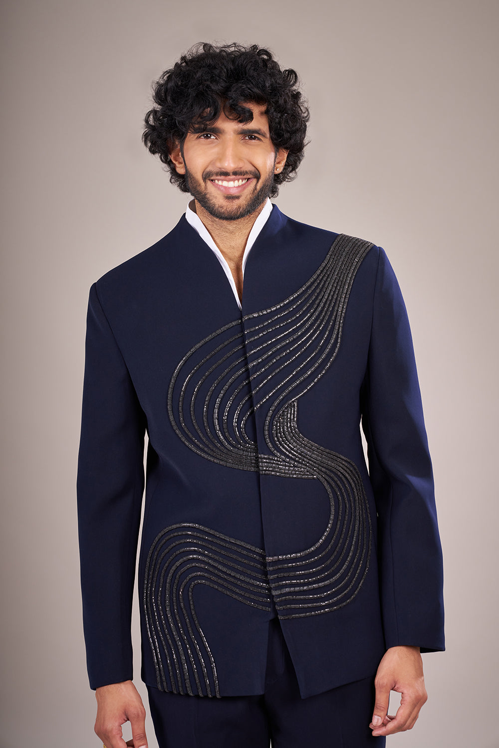 Midnight Blue Silk Sculpted Embellished Suit
