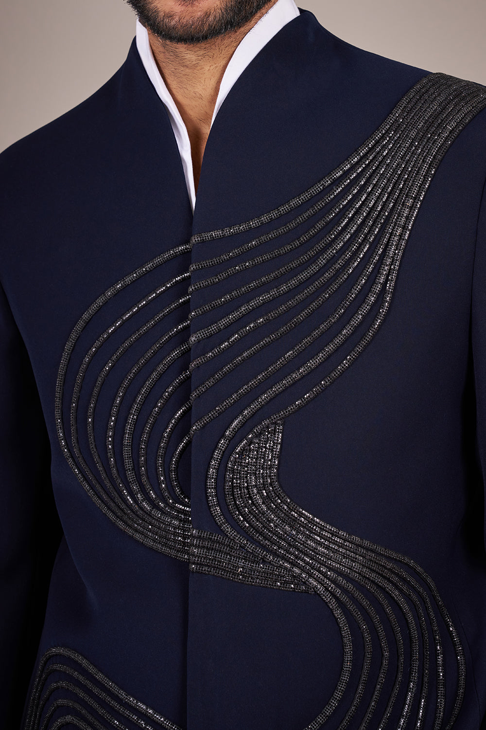 Midnight Blue Silk Sculpted Embellished Suit