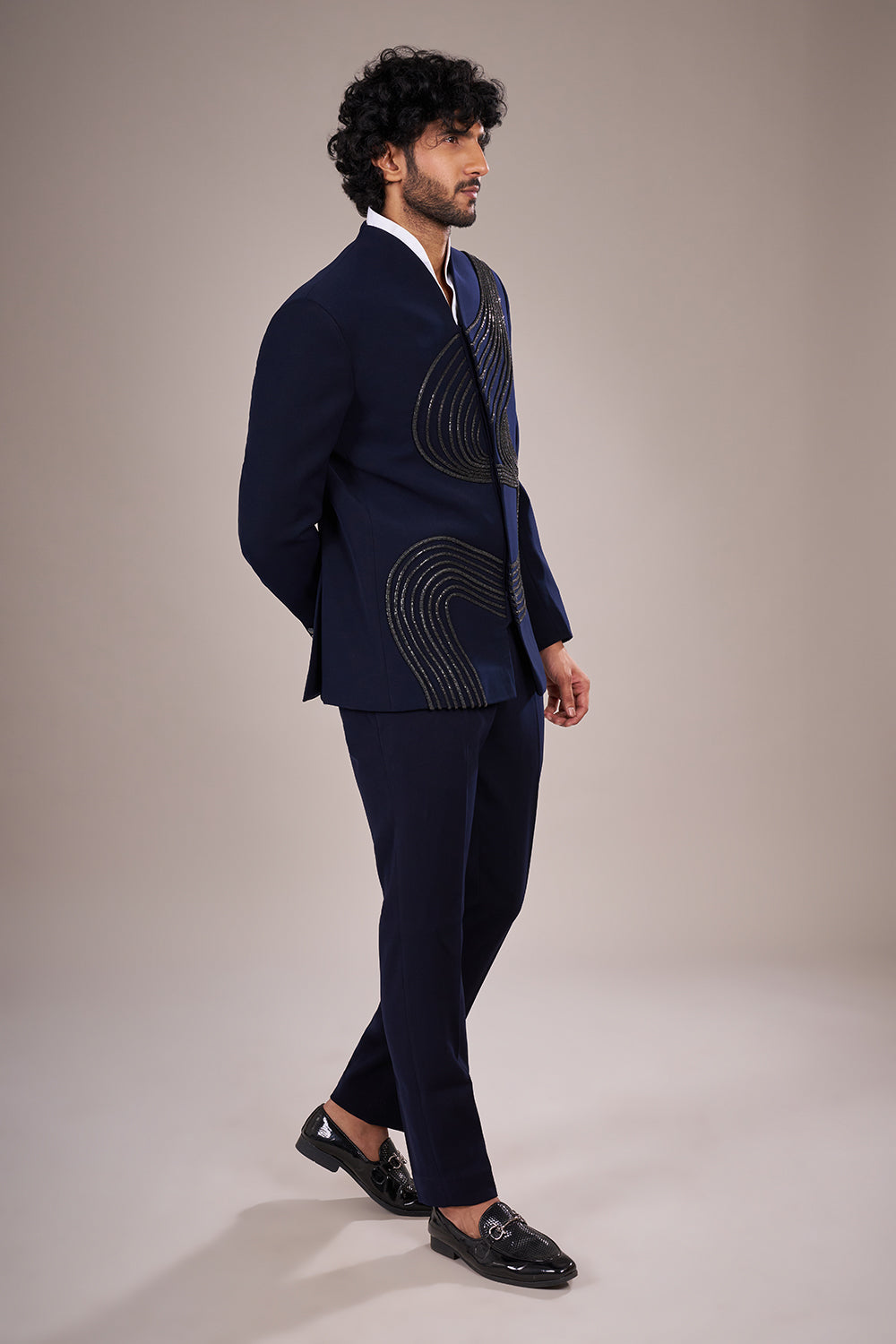 Midnight Blue Silk Sculpted Embellished Suit