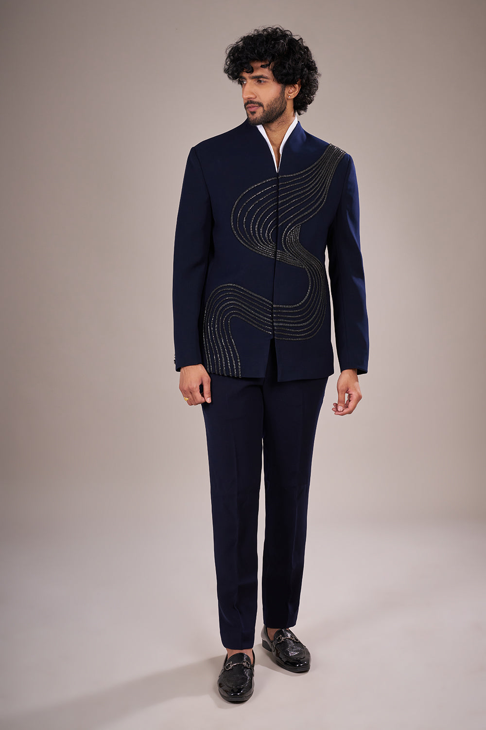 Midnight Blue Silk Sculpted Embellished Suit