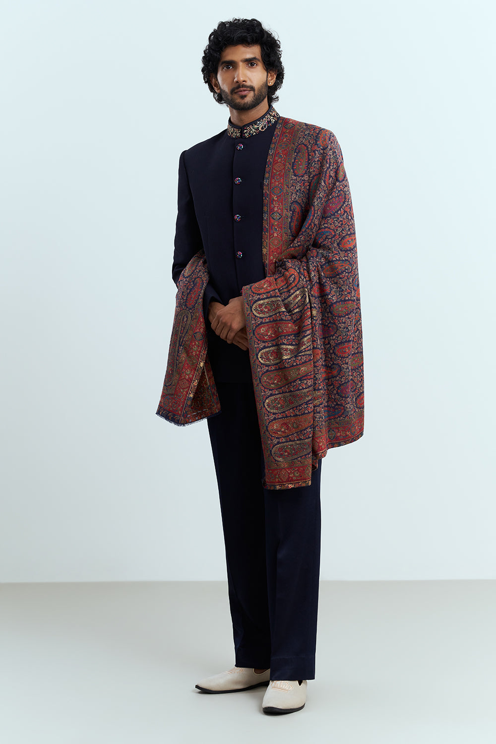 Midnight Navy Bandhgala Set With Woven Kashmiri Shawl