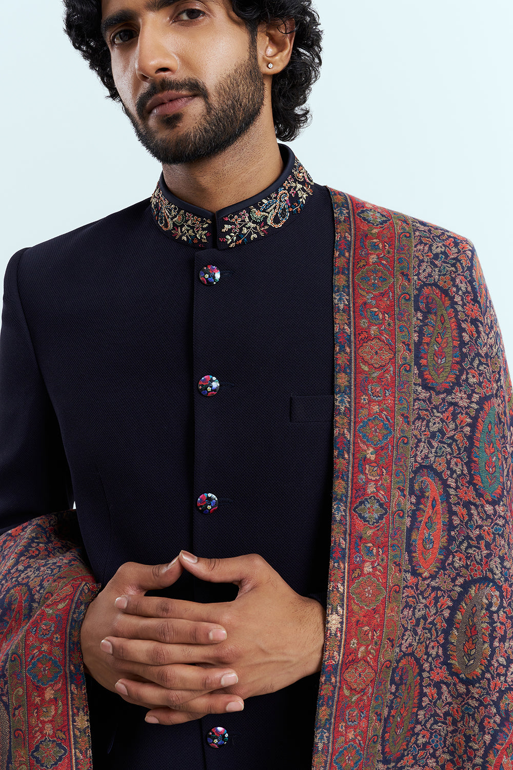 Midnight Navy Bandhgala Set With Woven Kashmiri Shawl