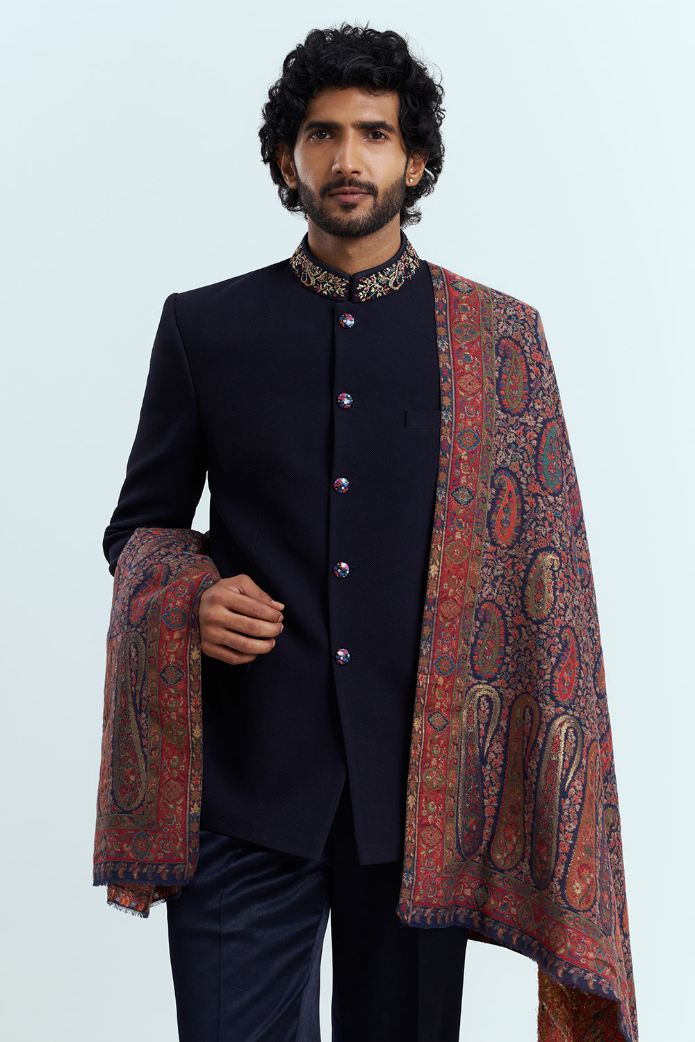 Midnight Navy Bandhgala Set With Woven Kashmiri Shawl