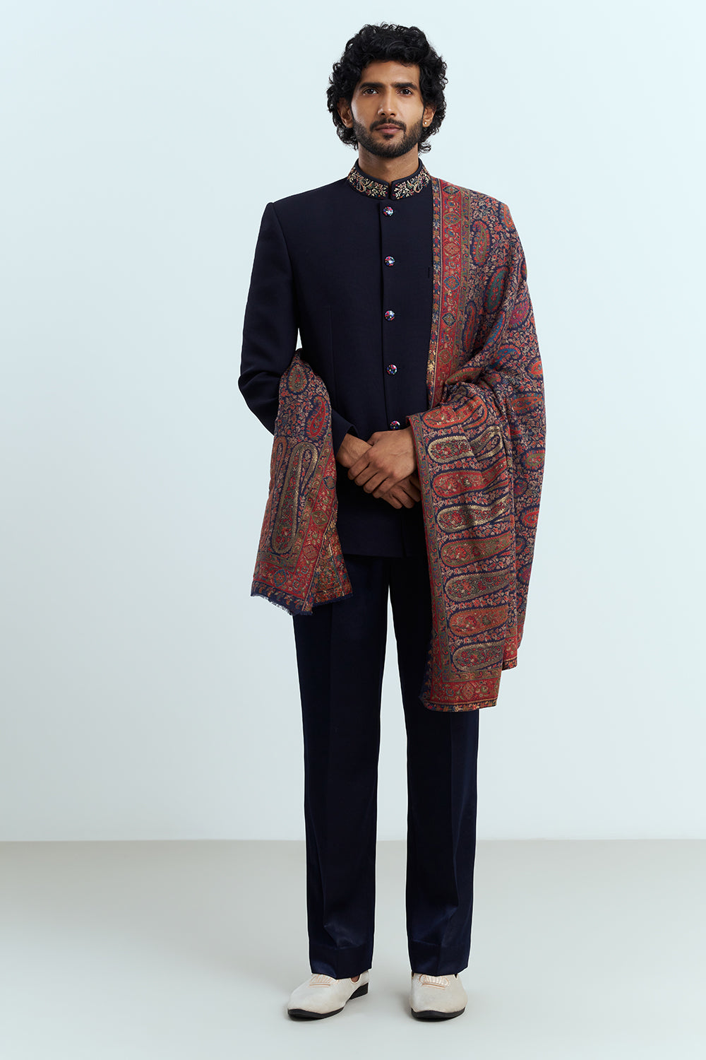 Midnight Navy Bandhgala Set With Woven Kashmiri Shawl