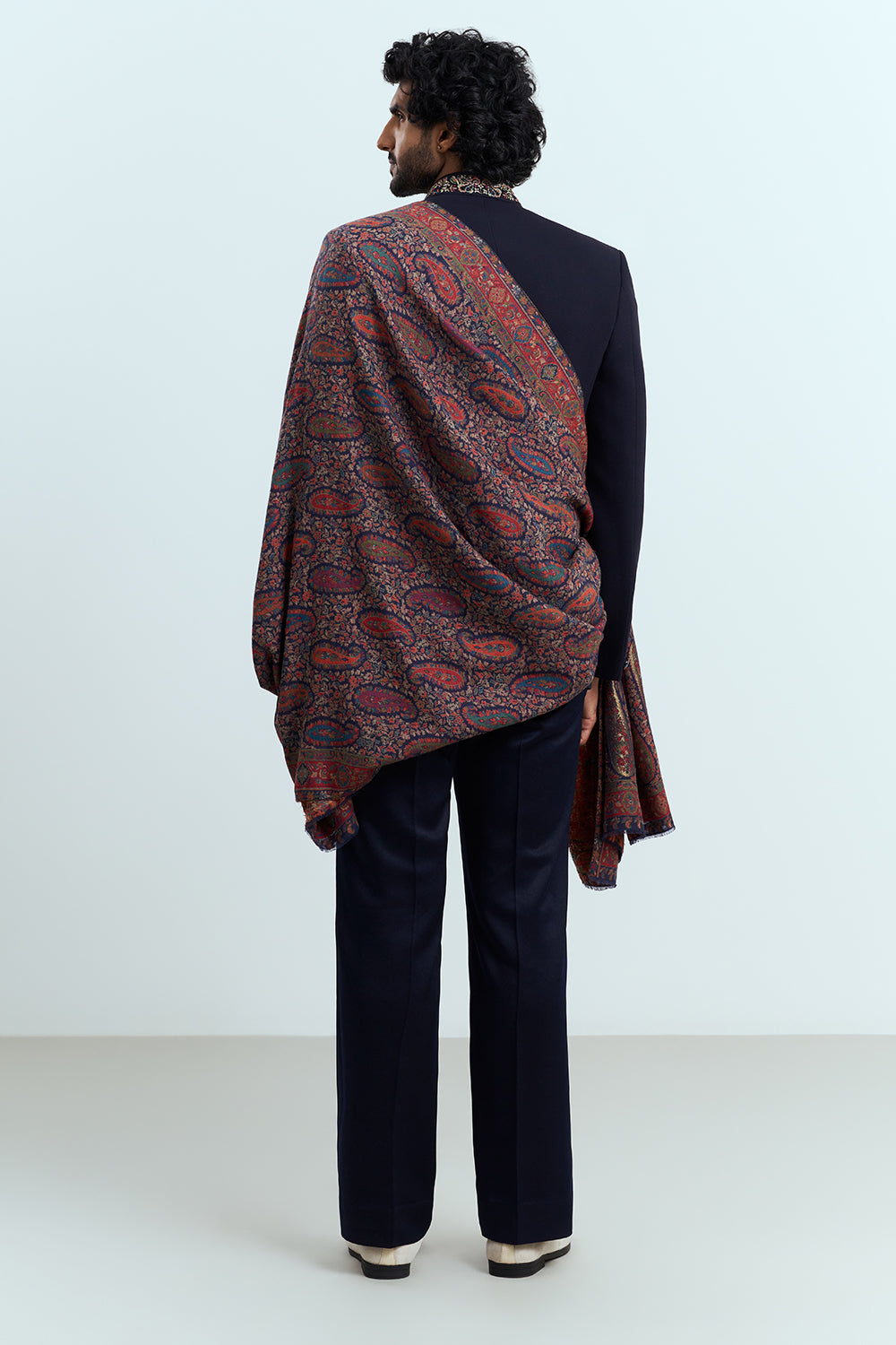 Midnight Navy Bandhgala Set With Woven Kashmiri Shawl