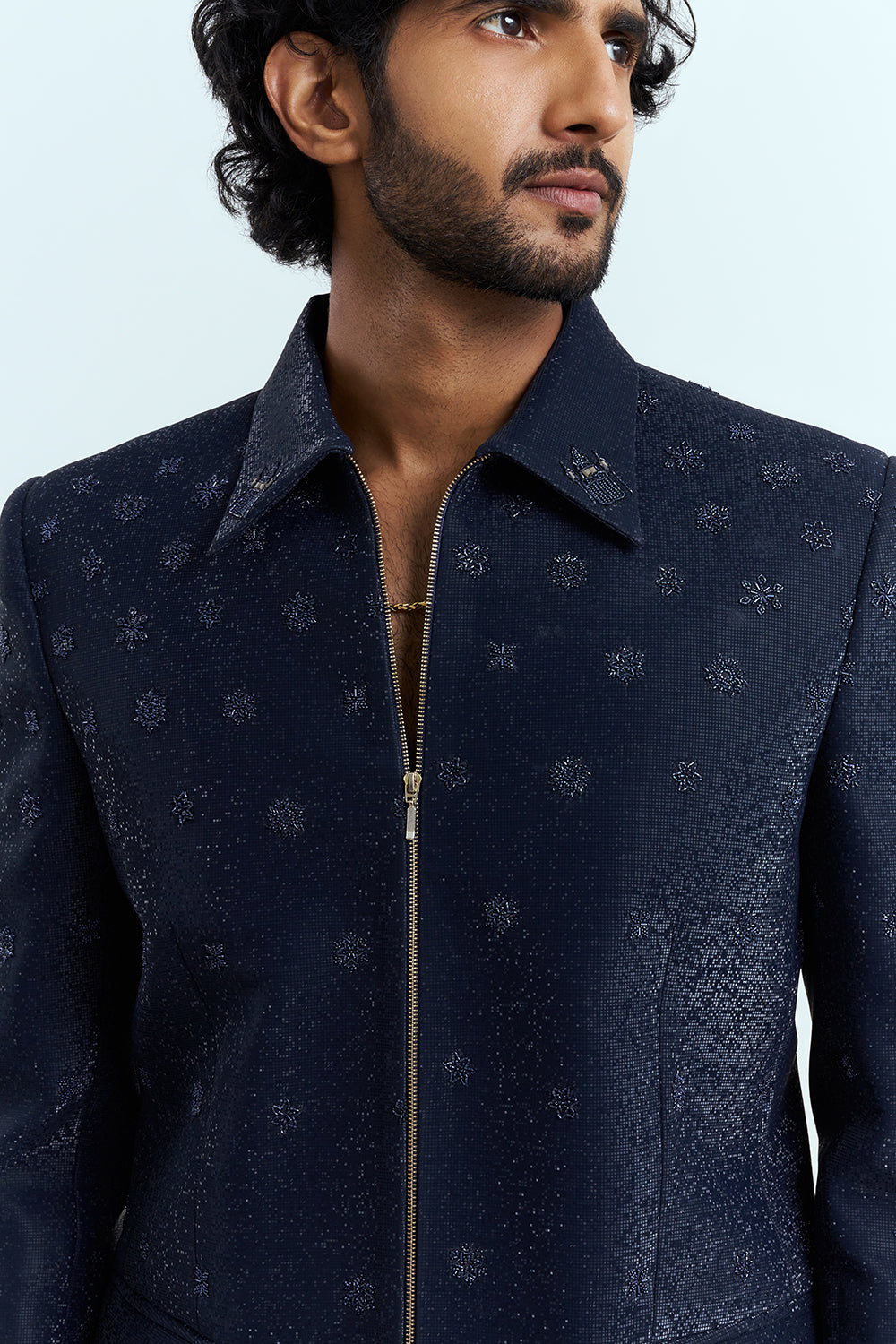 Midnight Navy Embellished Zip Jacket Men's Suit Set