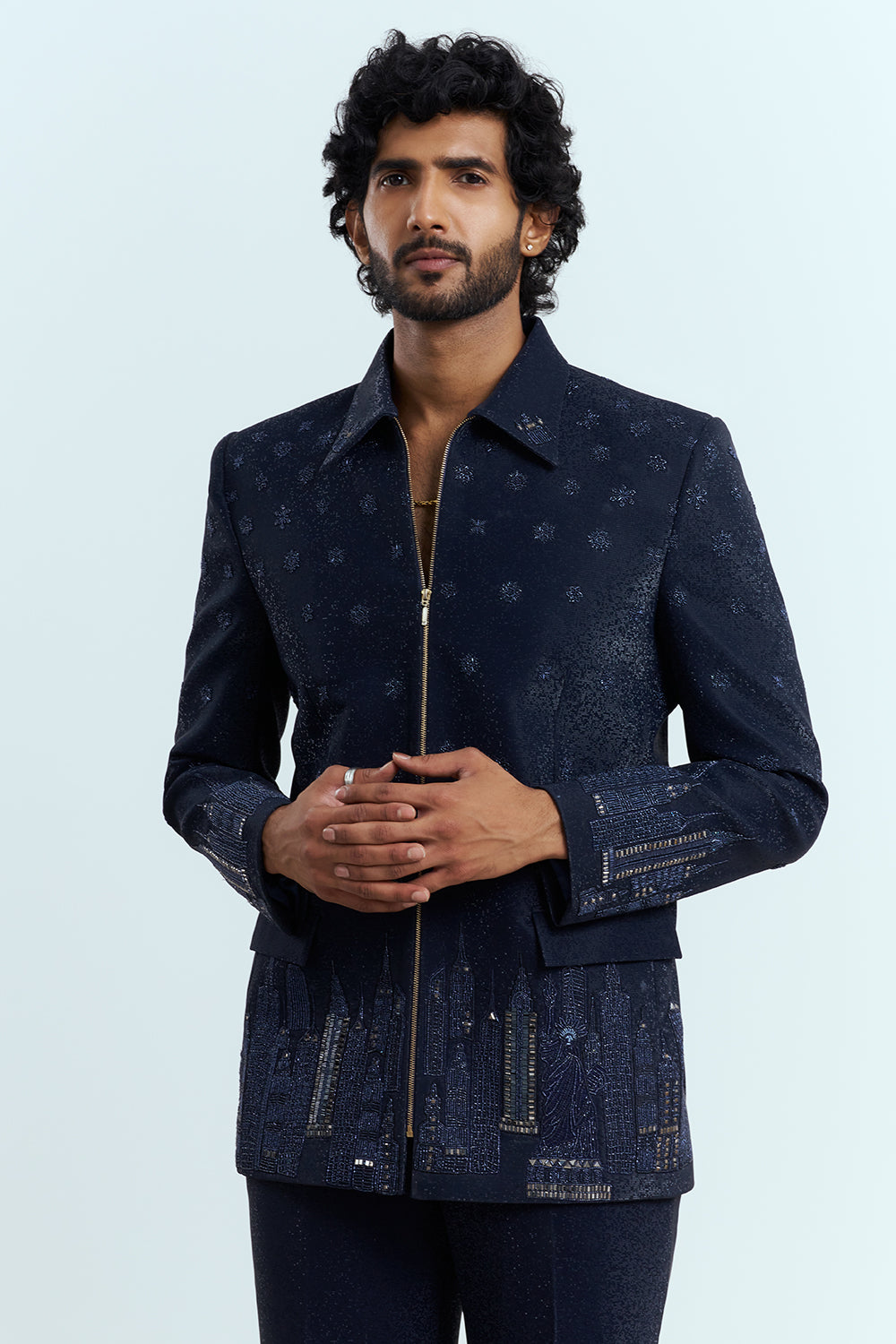 Midnight Navy Embellished Zip Jacket Men's Suit Set
