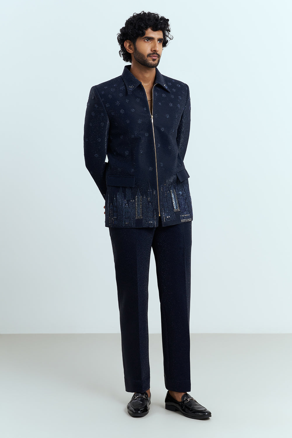 Midnight Navy Embellished Zip Jacket Men's Suit Set