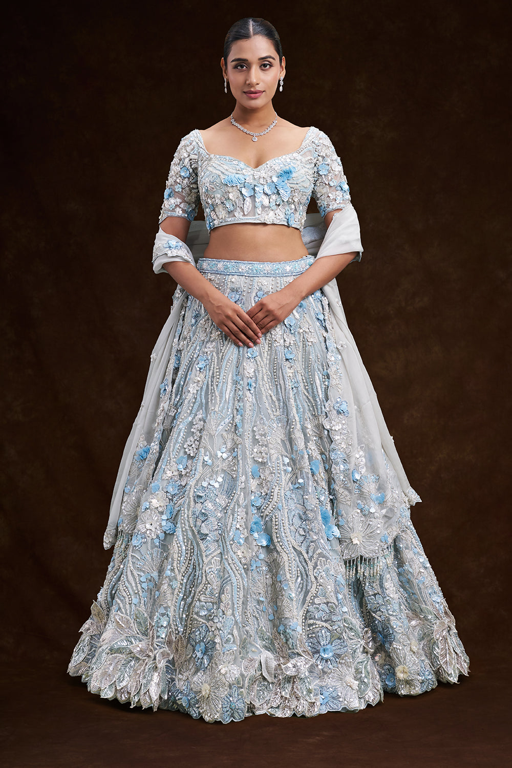 Mint Blue Net Bridal Lehenga with 3D Floral and Vine Embroidery