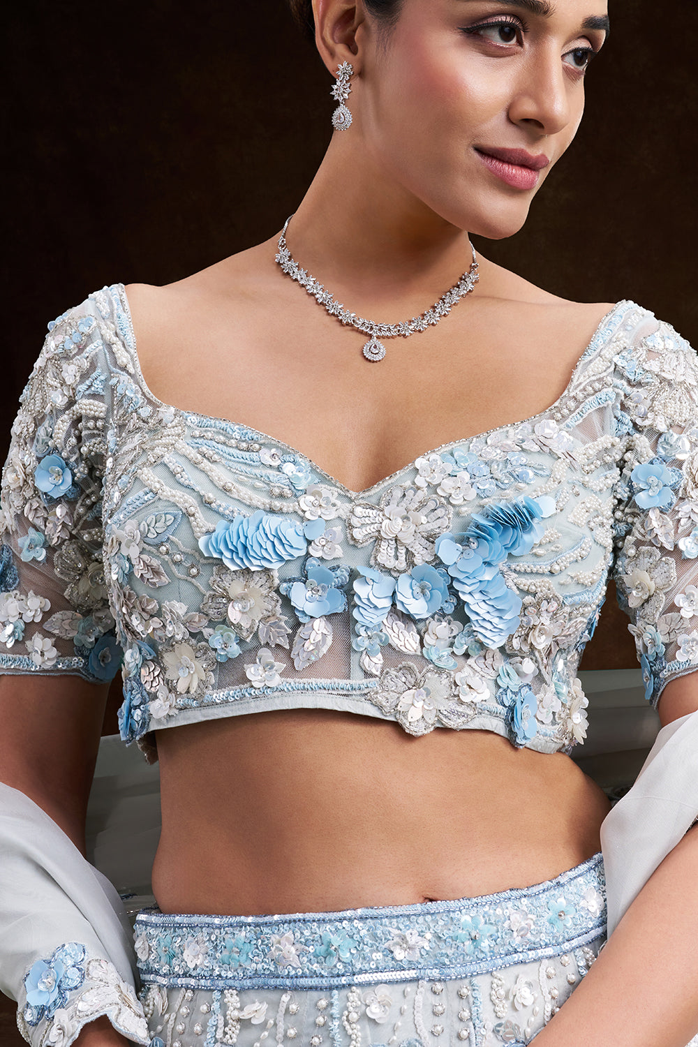 Mint Blue Net Bridal Lehenga with 3D Floral and Vine Embroidery