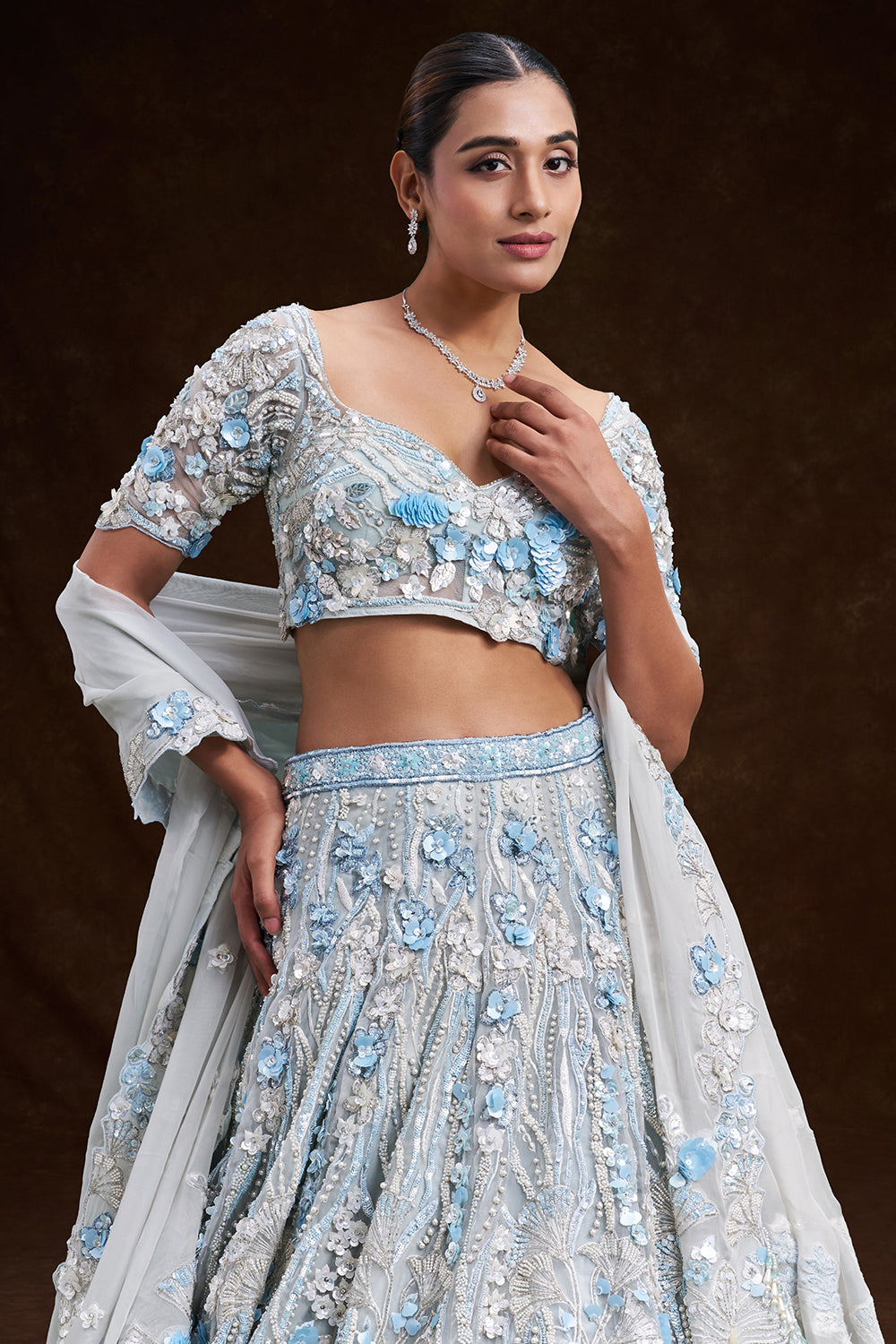 Mint Blue Net Bridal Lehenga with 3D Floral and Vine Embroidery