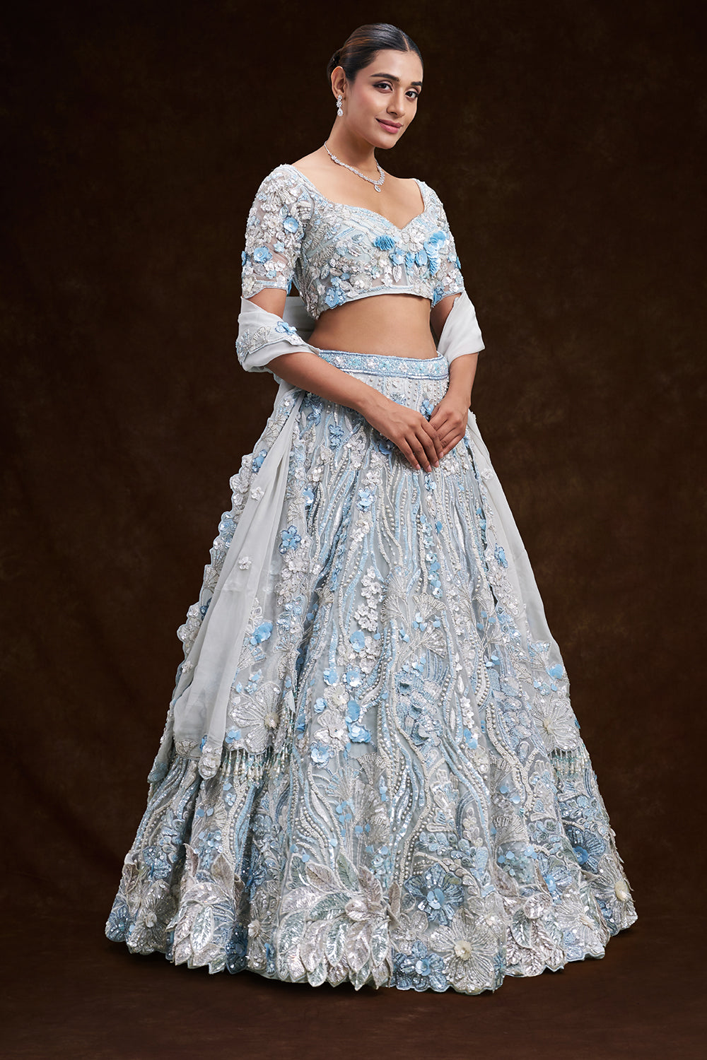 Mint Blue Net Bridal Lehenga with 3D Floral and Vine Embroidery