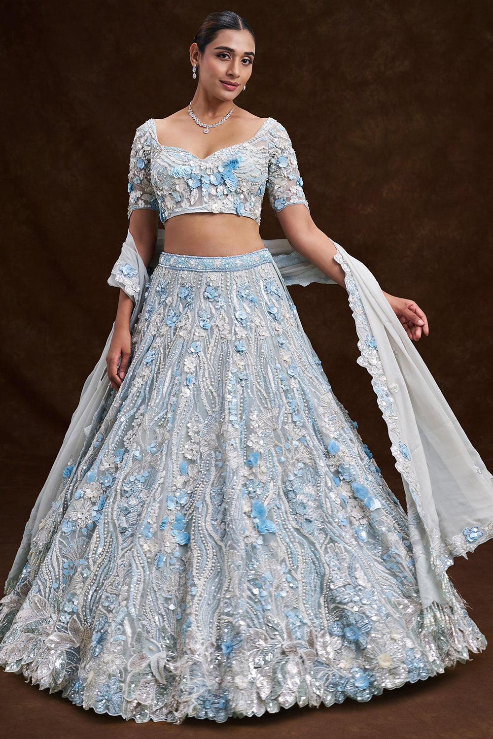 Mint Blue Net Bridal Lehenga with 3D Floral and Vine Embroidery