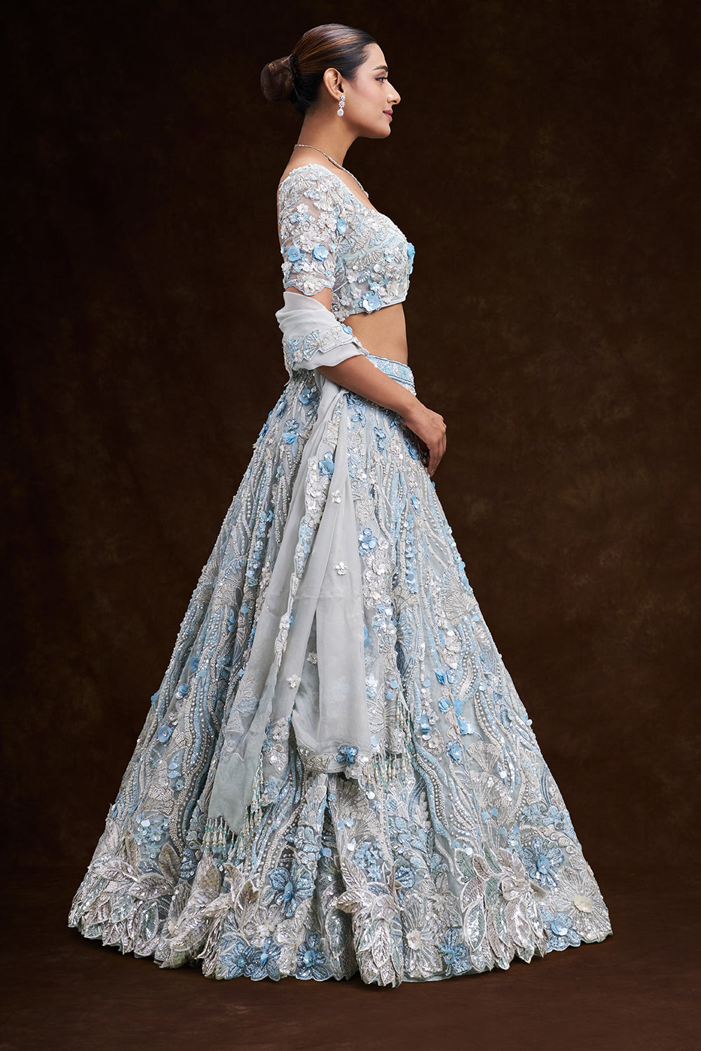 Mint Blue Net Bridal Lehenga with 3D Floral and Vine Embroidery