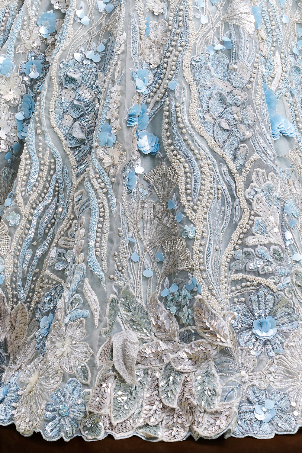 Mint Blue Net Bridal Lehenga with 3D Floral and Vine Embroidery