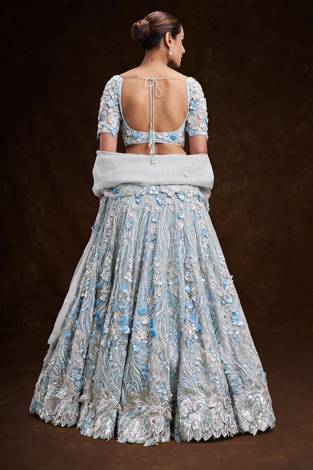 Mint Blue Net Bridal Lehenga with 3D Floral and Vine Embroidery