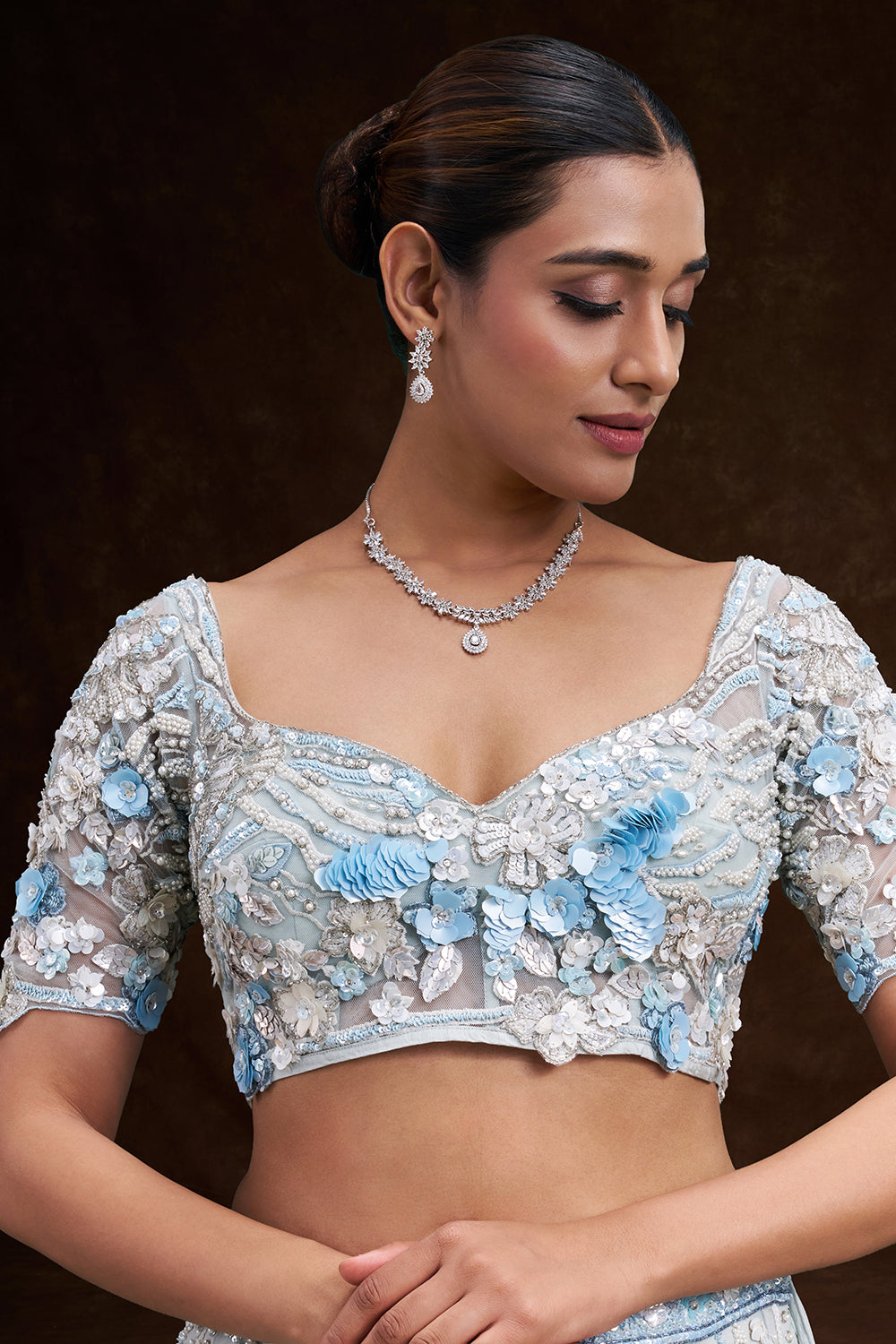 Mint Blue Net Bridal Lehenga with 3D Floral and Vine Embroidery