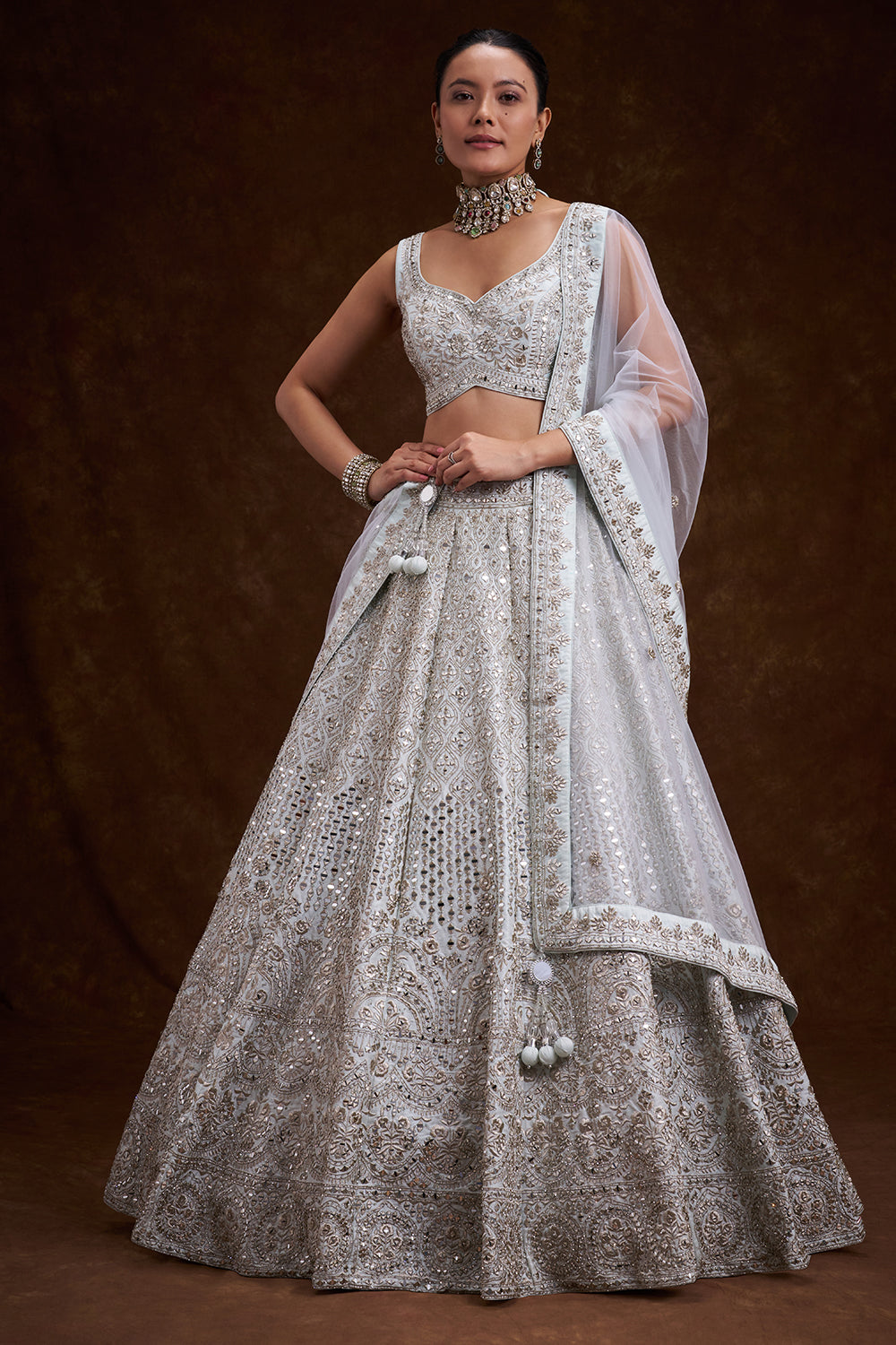 Mint Blue Raw Silk Contemporary Lehenga with Zari and Mirror Work