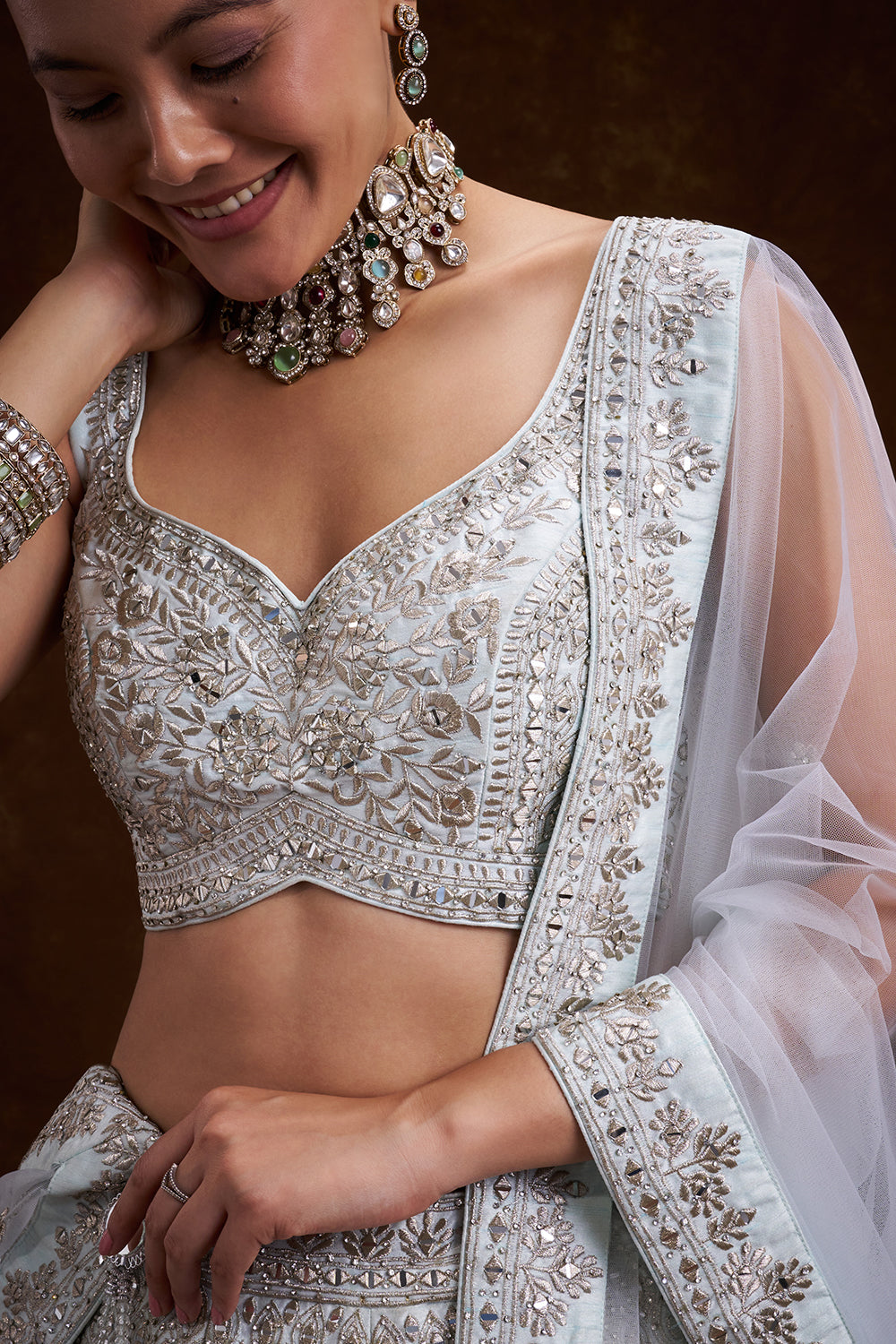 Mint Blue Raw Silk Contemporary Lehenga with Zari and Mirror Work
