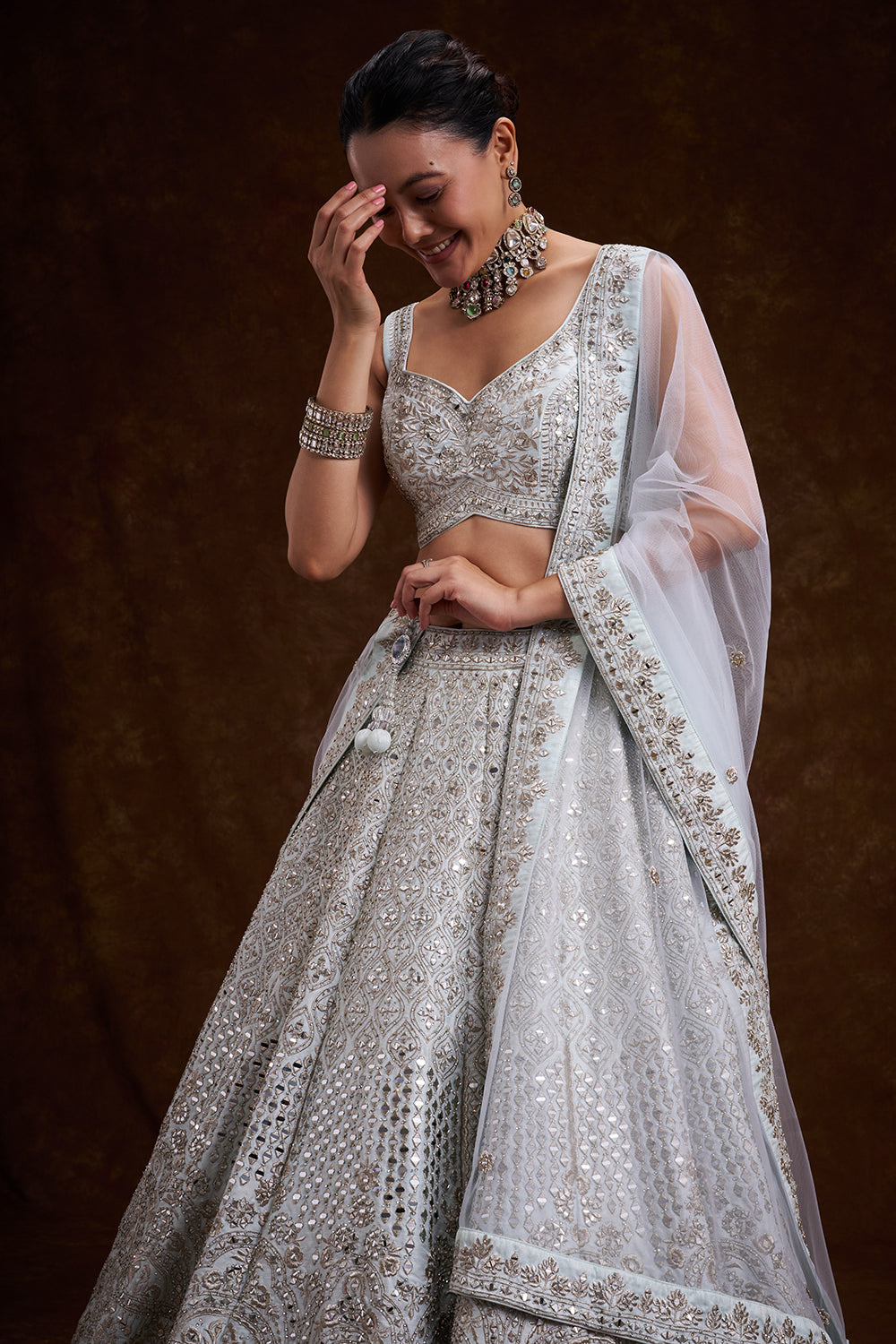 Mint Blue Raw Silk Contemporary Lehenga with Zari and Mirror Work