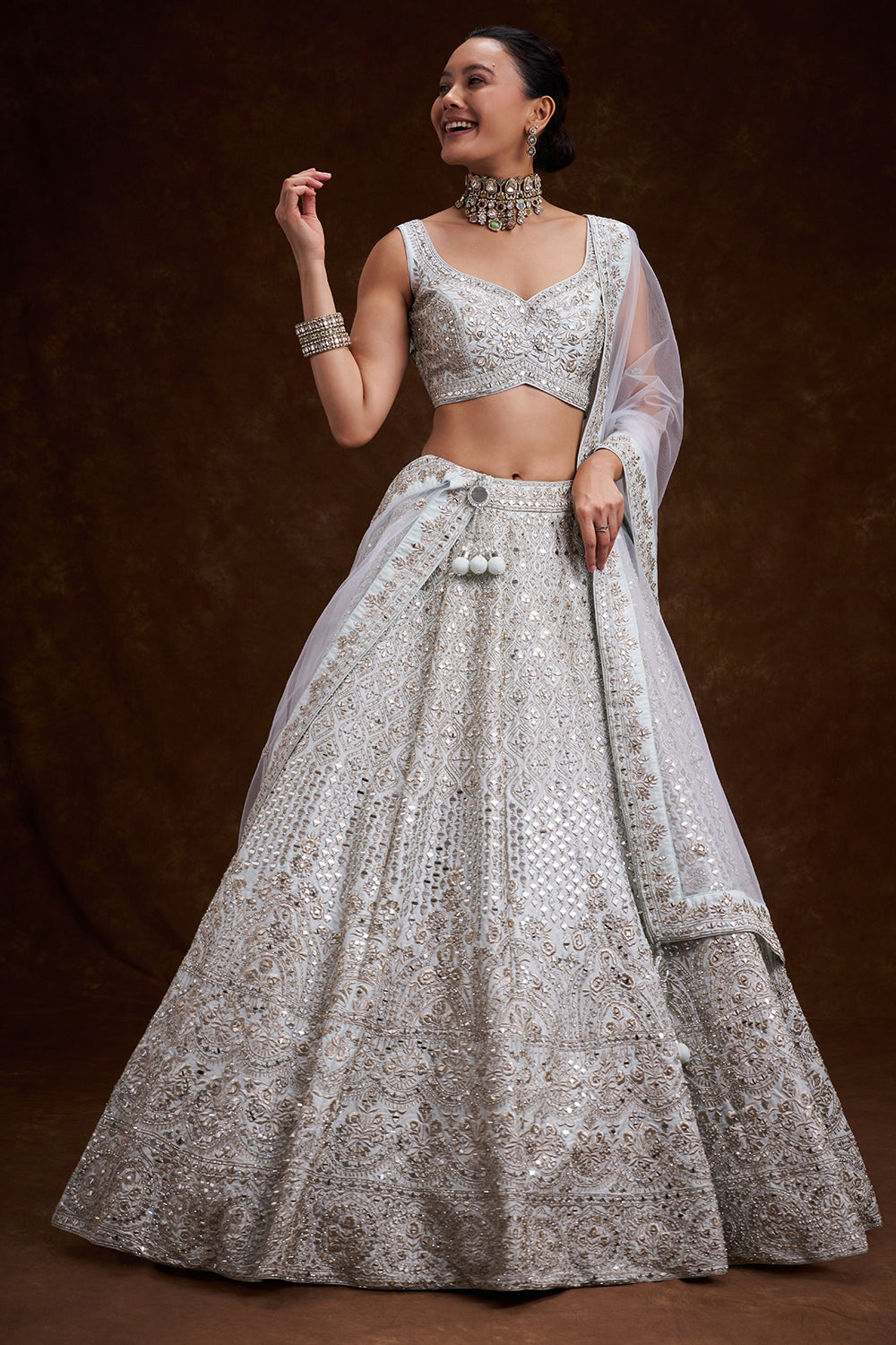 Mint Blue Raw Silk Contemporary Lehenga with Zari and Mirror Work