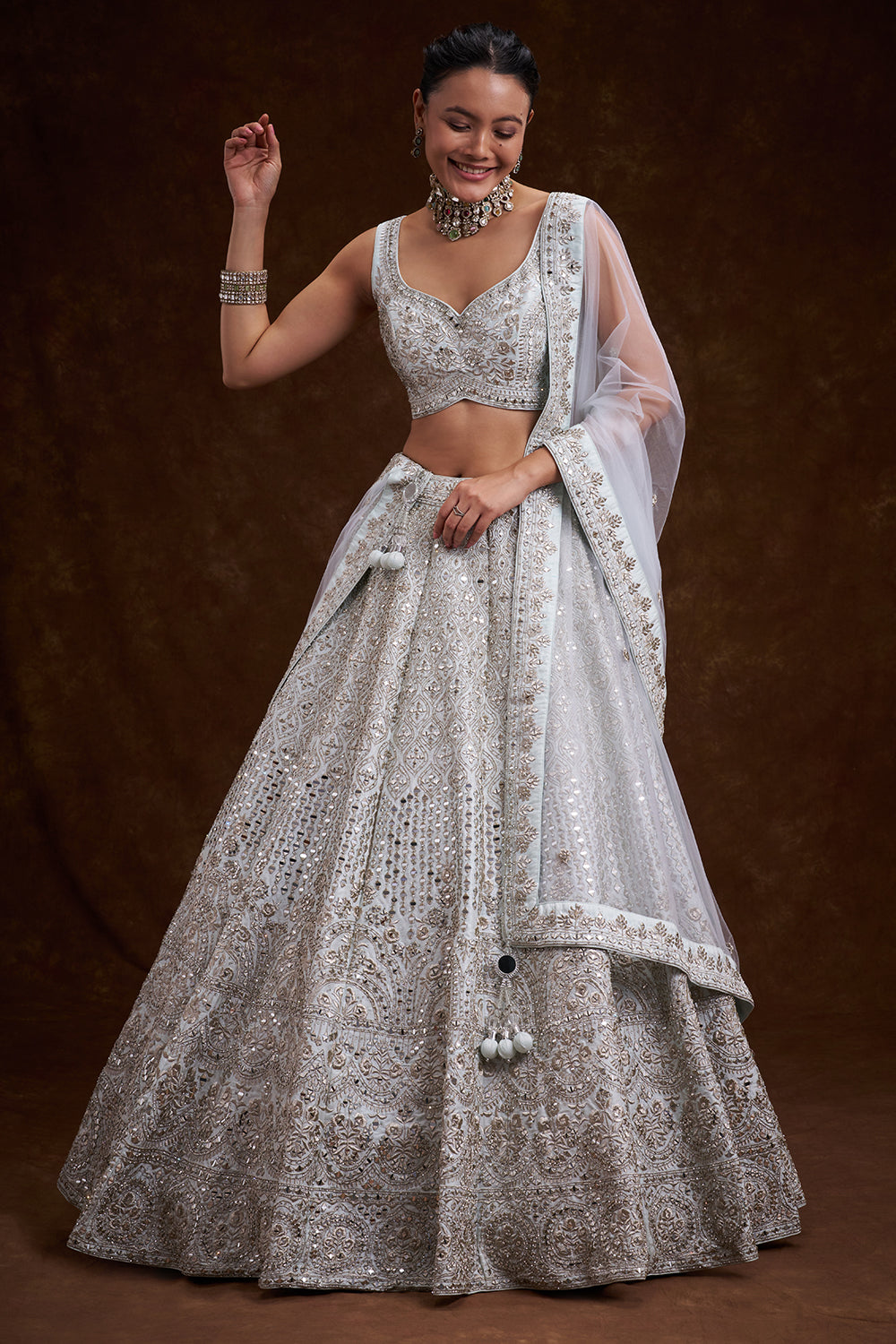 Mint Blue Raw Silk Contemporary Lehenga with Zari and Mirror Work