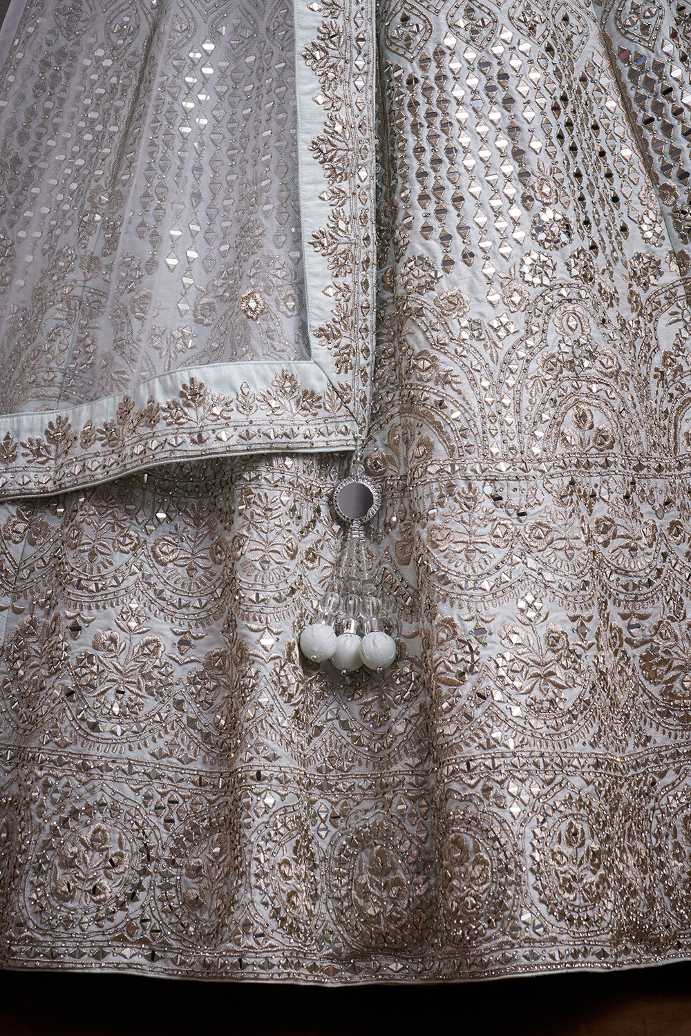 Mint Blue Raw Silk Contemporary Lehenga with Zari and Mirror Work