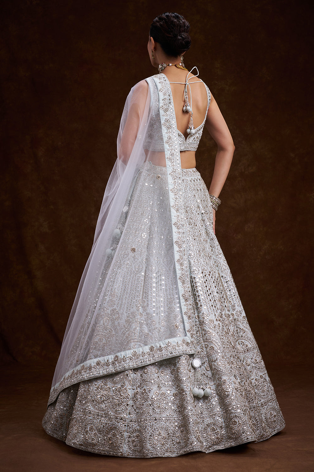 Mint Blue Raw Silk Contemporary Lehenga with Zari and Mirror Work