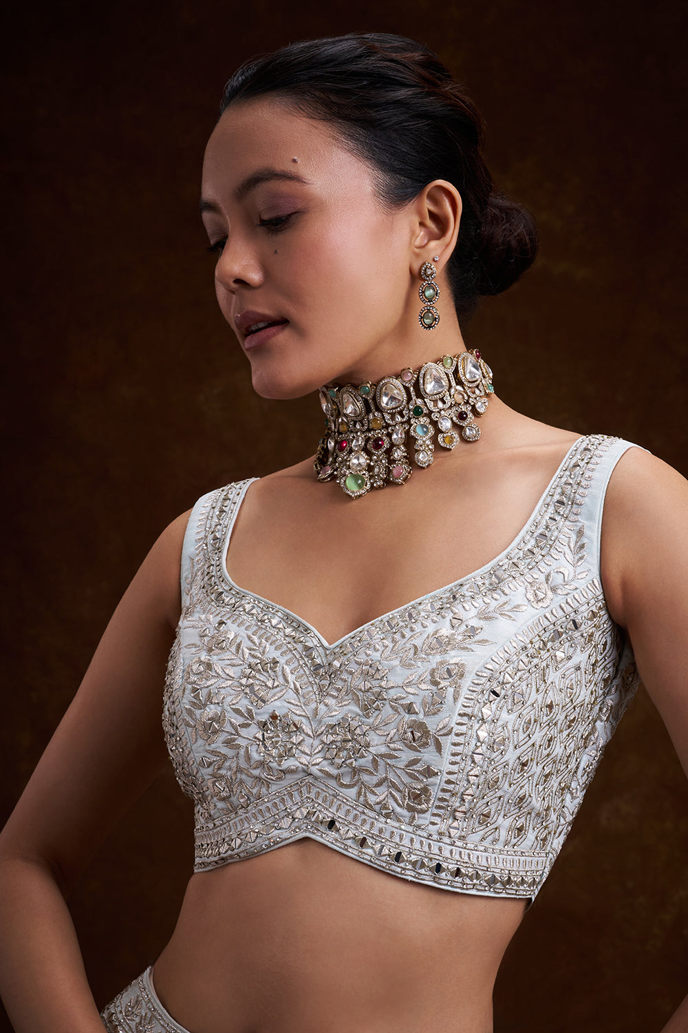 Mint Blue Raw Silk Contemporary Lehenga with Zari and Mirror Work