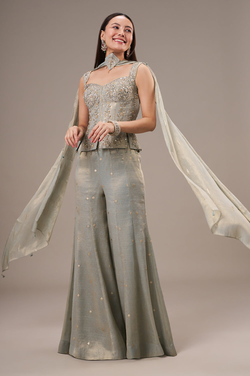 Mint Blue Silk Jumpsuit with Mirror and Zardosi Work