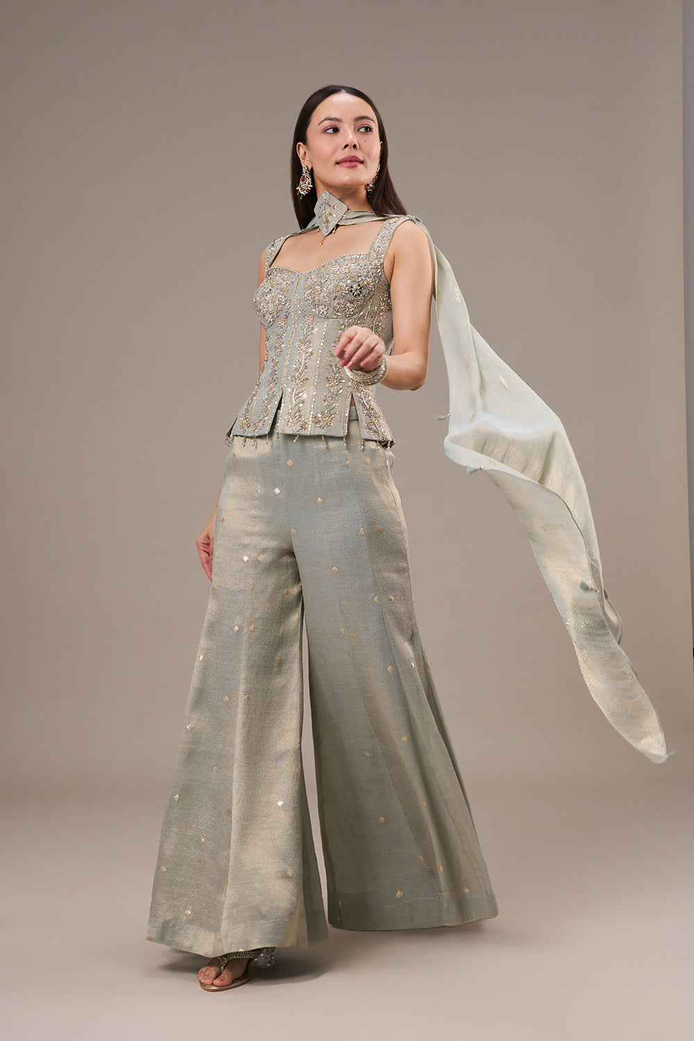 Mint Blue Silk Jumpsuit with Mirror and Zardosi Work