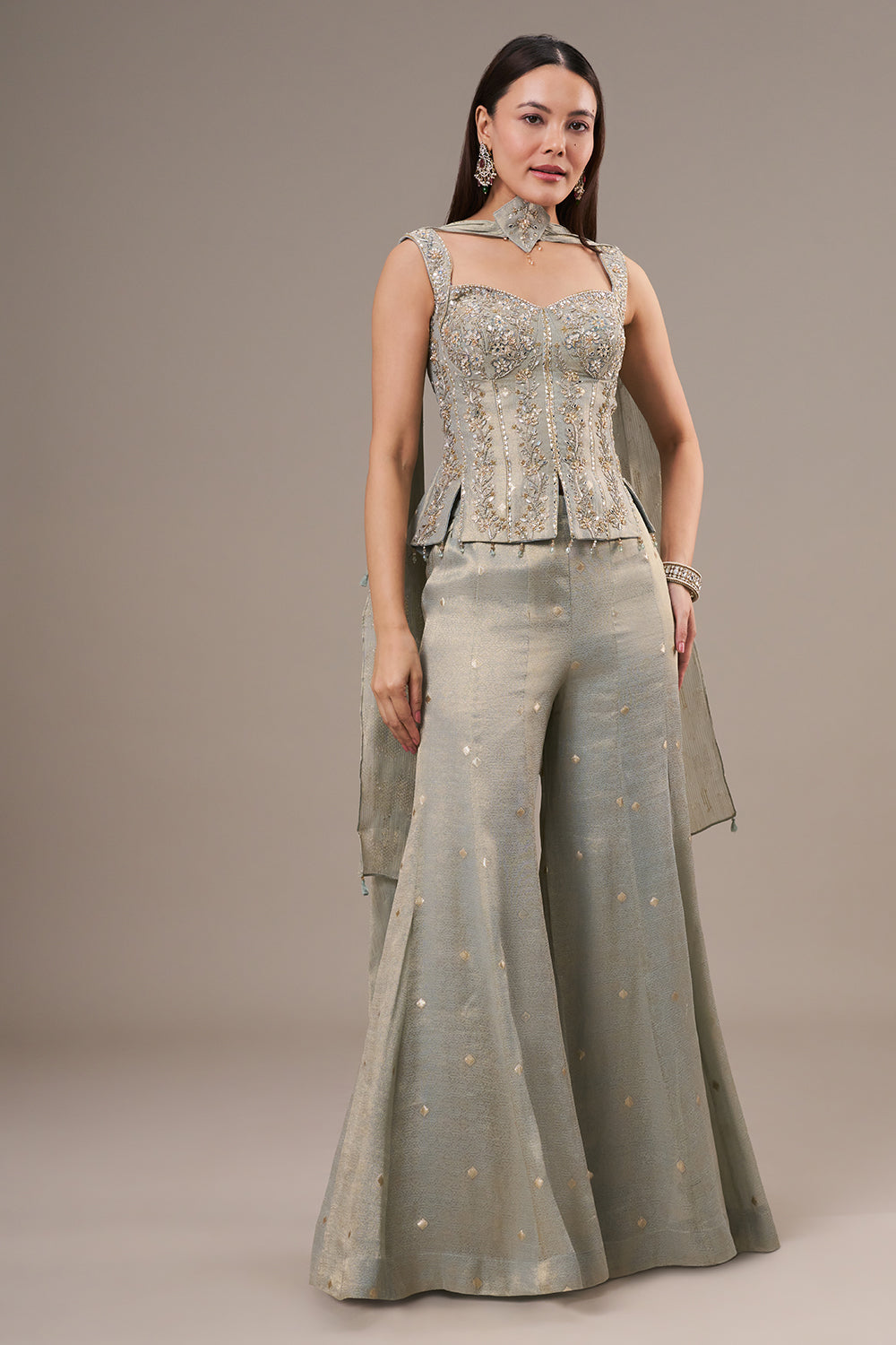 Mint Blue Silk Jumpsuit with Mirror and Zardosi Work